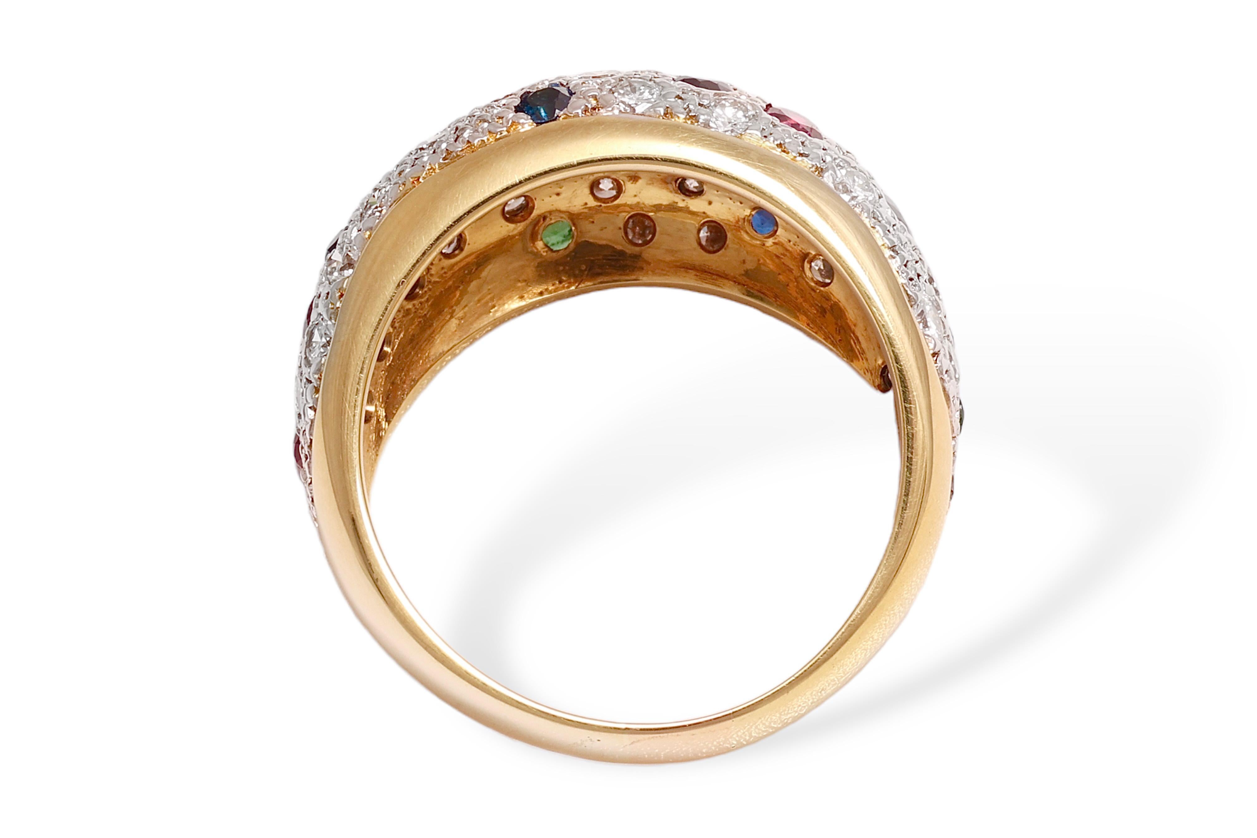 Women's or Men's 18 kt. Bicolour Gold Ring With Diamonds, Sapphire, Emeralds and Rubies For Sale