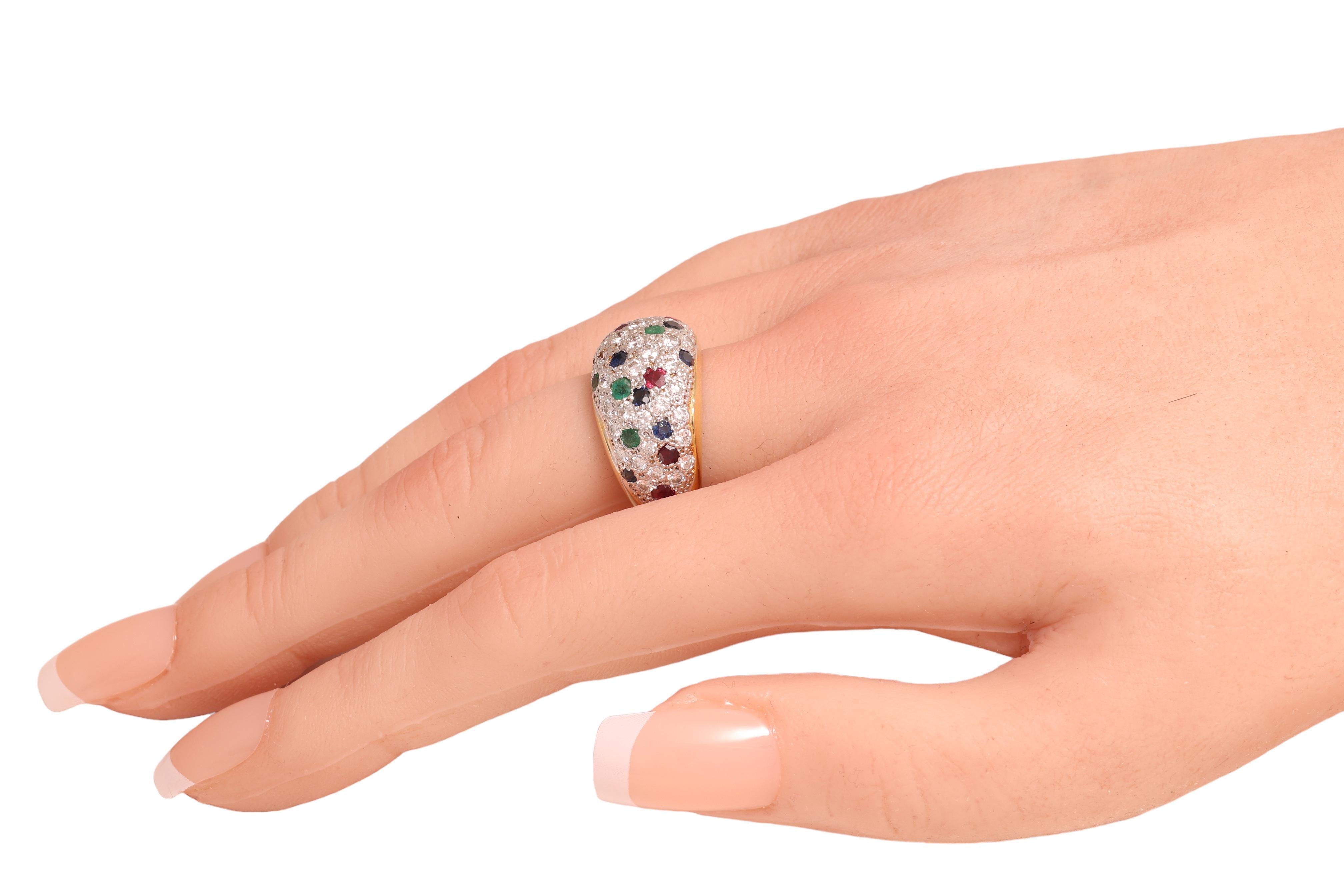 18 kt. Bicolour Gold Ring With Diamonds, Sapphire, Emeralds and Rubies For Sale 1
