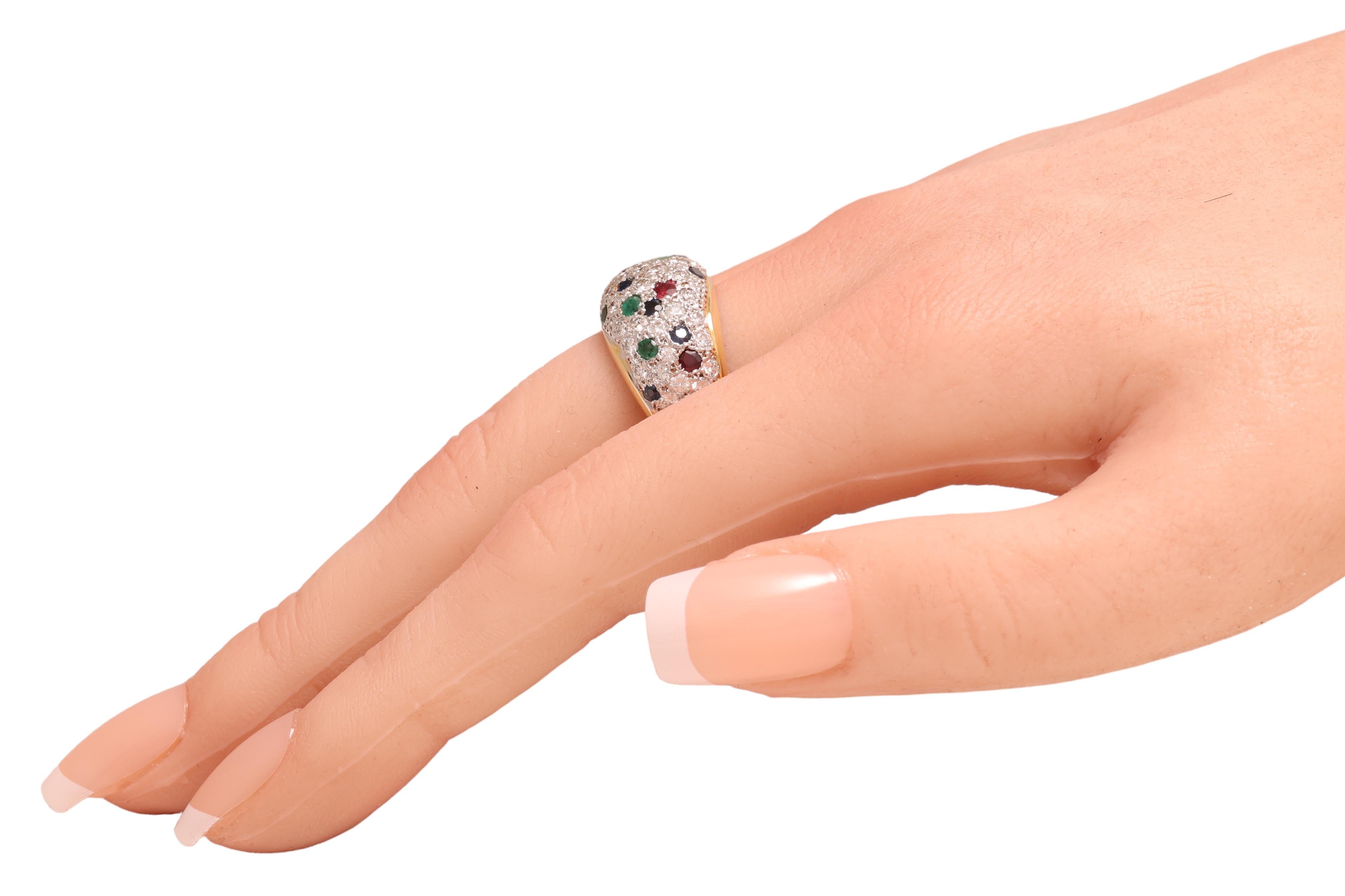 18 kt. Bicolour Gold Ring With Diamonds, Sapphire, Emeralds and Rubies For Sale 2