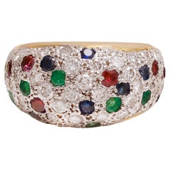 18 kt. Bicolour Gold Ring With Diamonds, Sapphire, Emeralds and Rubies 