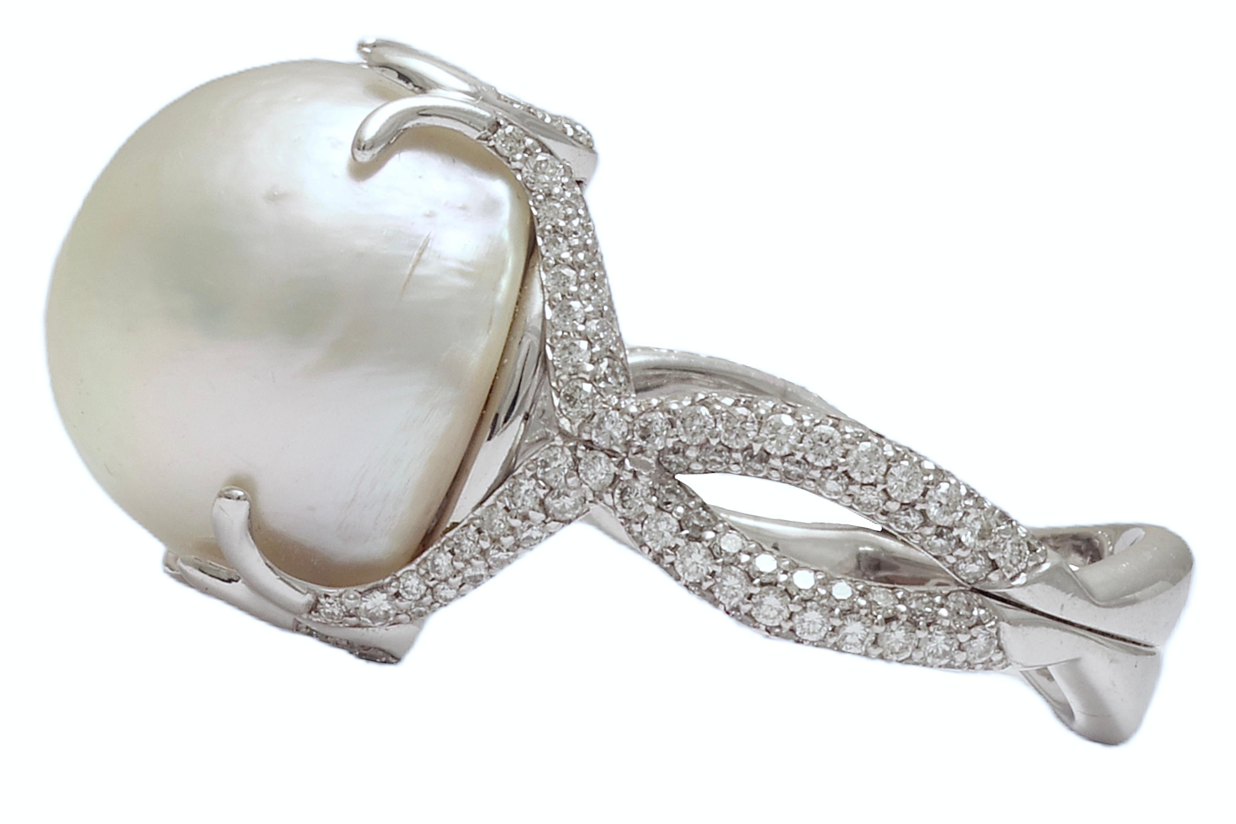 Modern 18 Kt Big Baroque 14.8mm Pearl & Pavé set Diamonds Ring For Sale