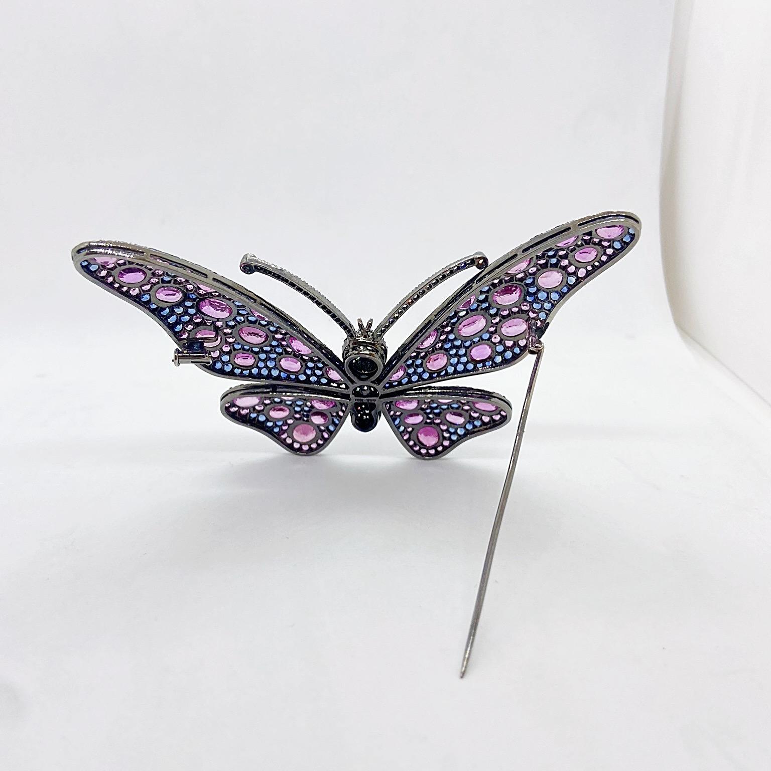 Contemporary 18 Karat Blackened Gold Butterfly Brooch with Diamonds, Pink and Blue Sapphires For Sale