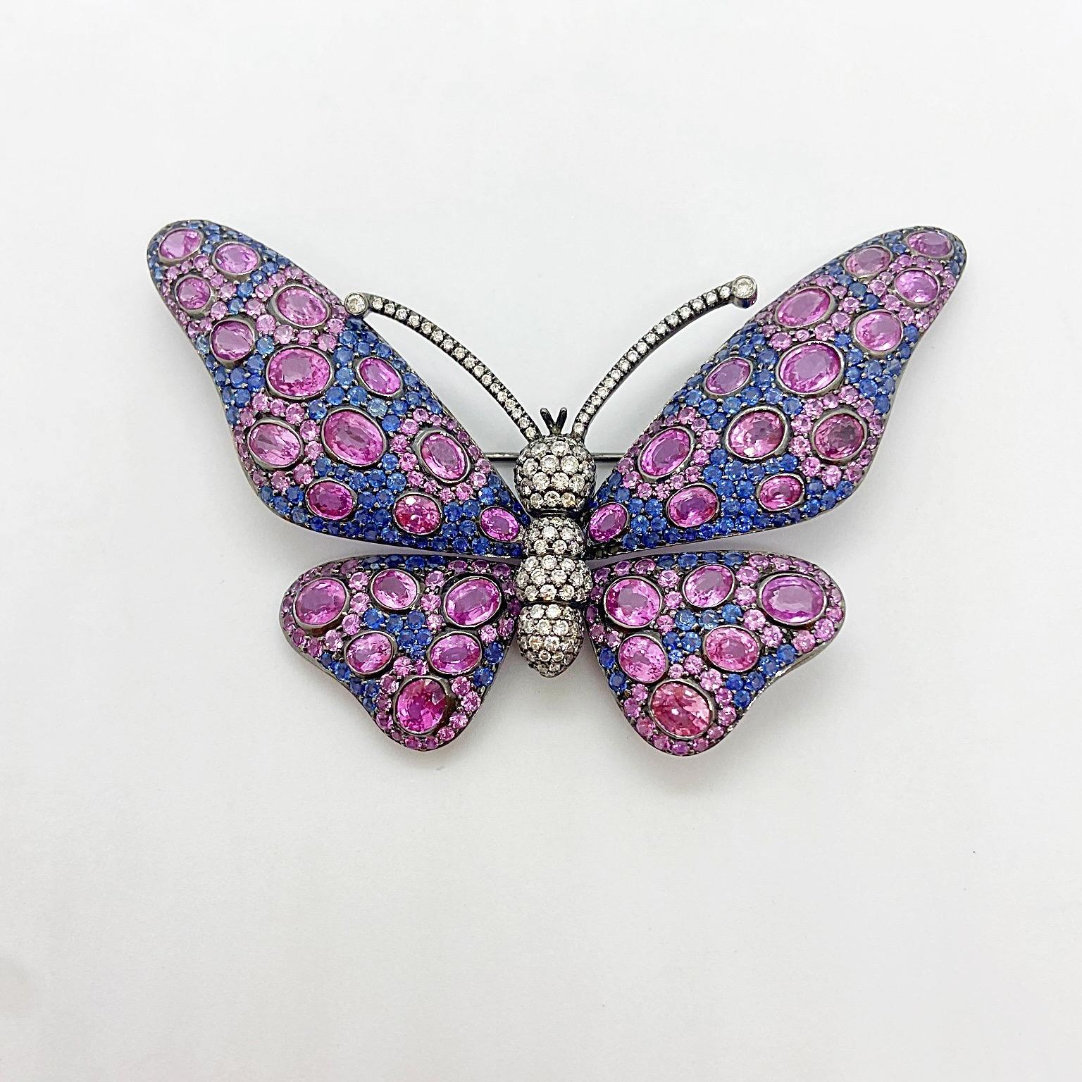 18 Karat Blackened Gold Butterfly Brooch with Diamonds, Pink and Blue Sapphires In New Condition For Sale In New York, NY