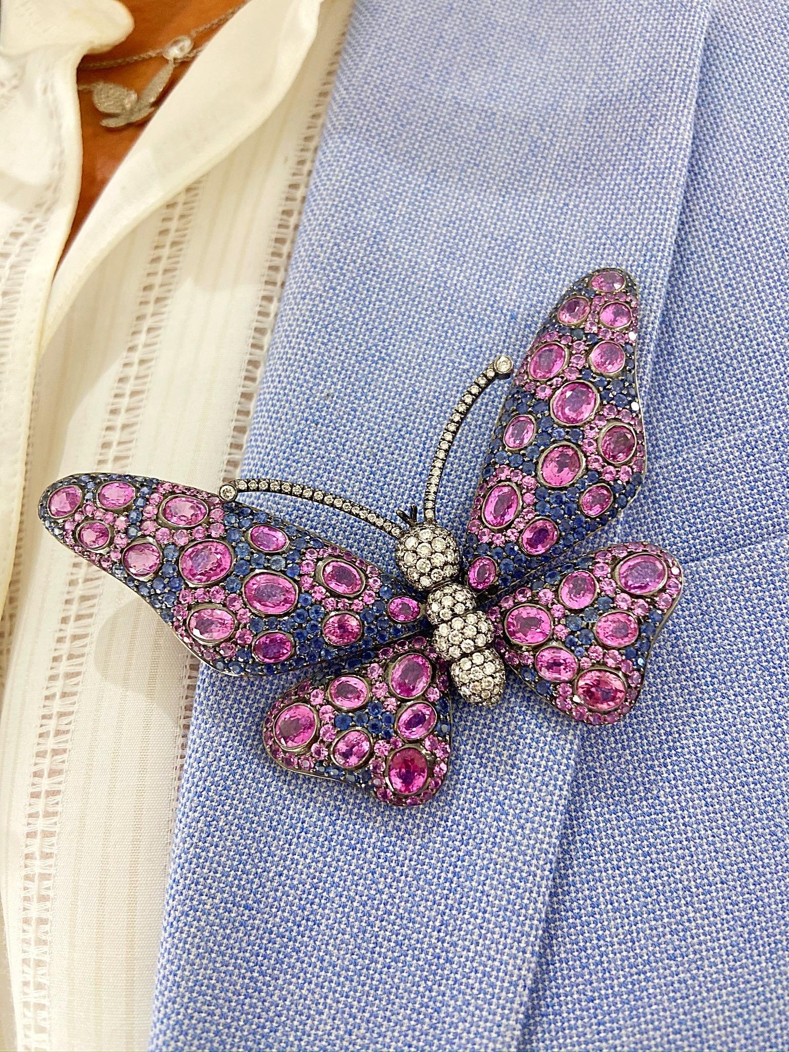 Women's or Men's 18 Karat Blackened Gold Butterfly Brooch with Diamonds, Pink and Blue Sapphires For Sale