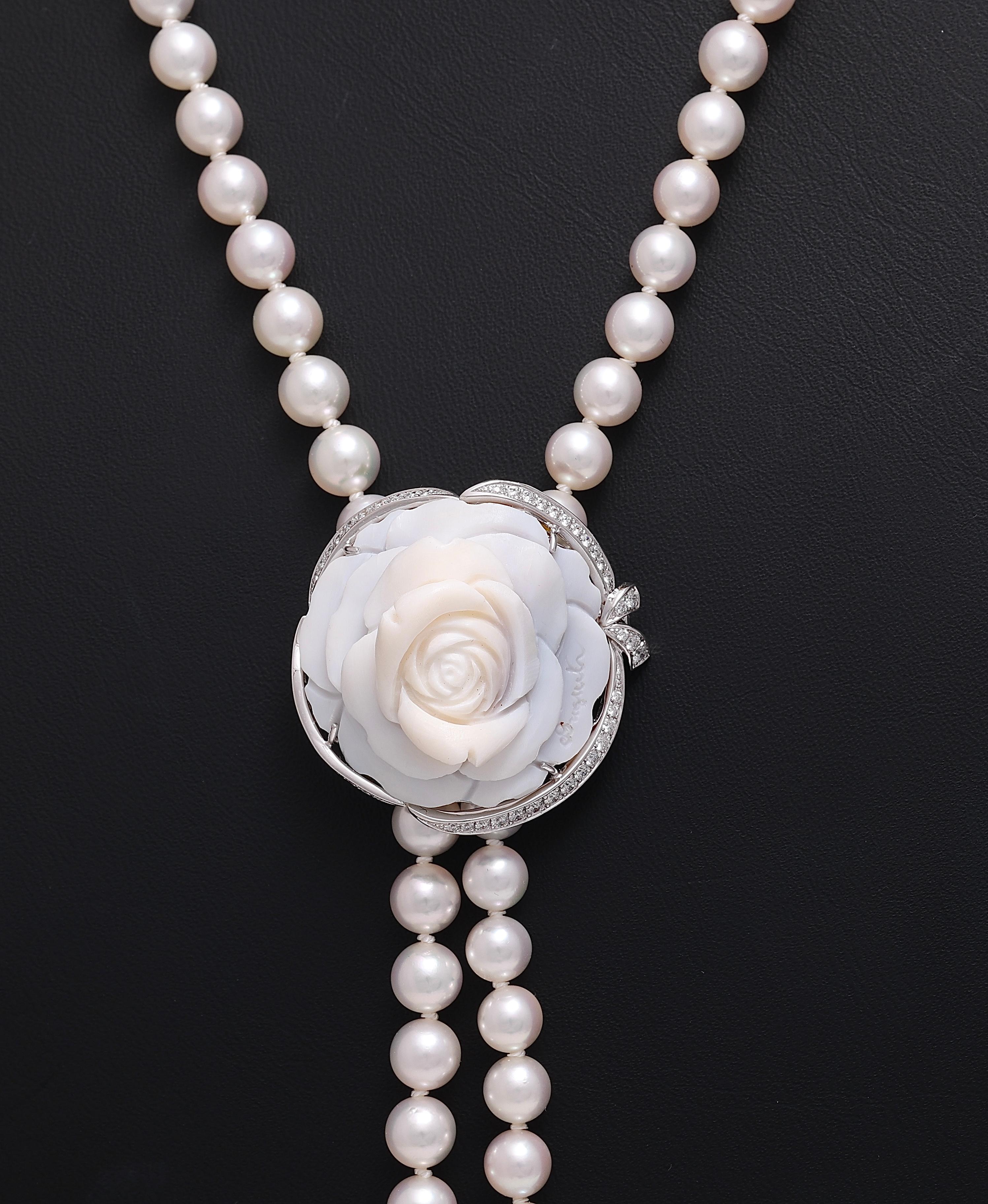 Brilliant Cut 18 Kt Breguet Diamonds Pearl Necklace / Brooch / Earrings Flower Cameo s