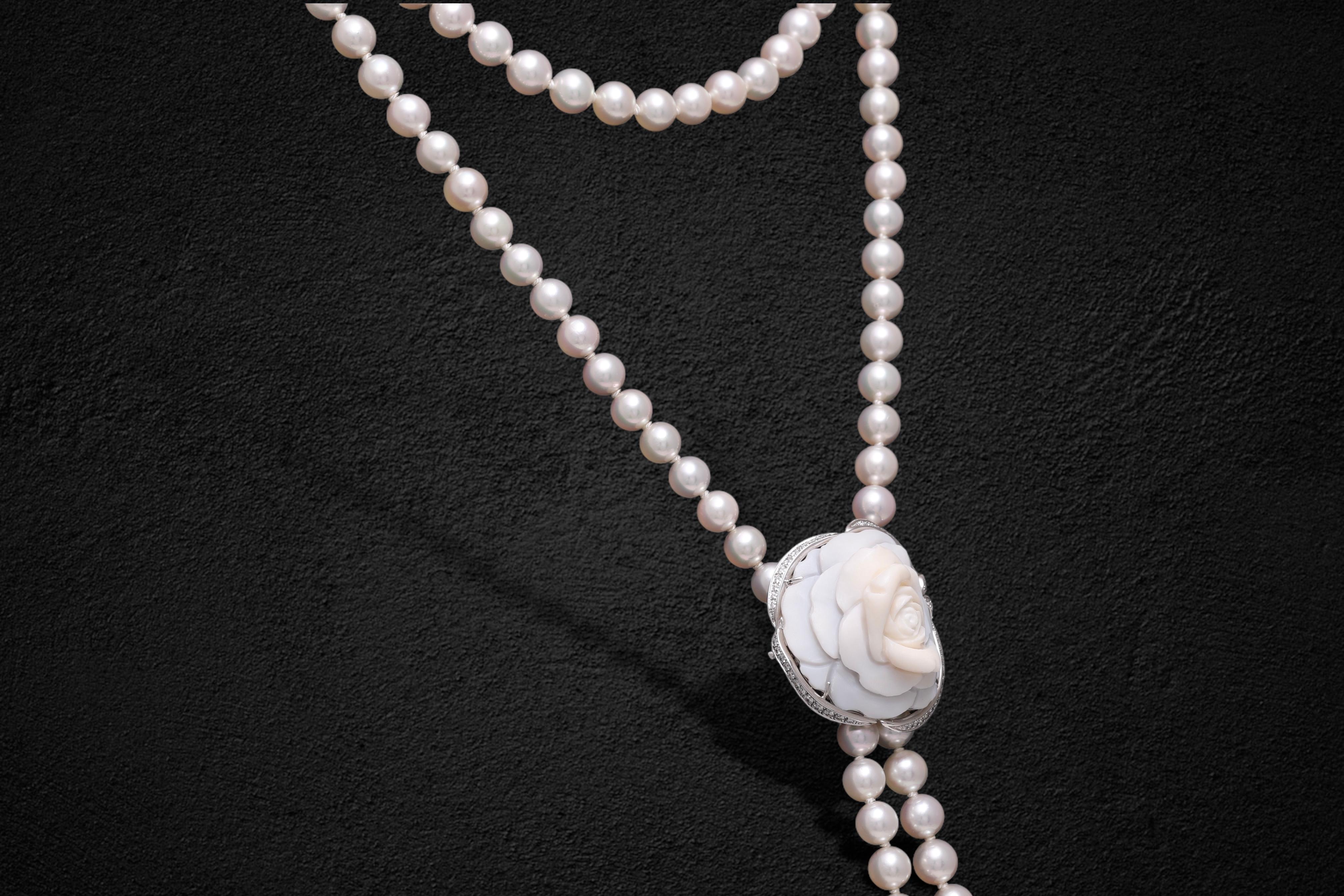 18 Kt Breguet Diamonds Pearl Necklace / Brooch / Earrings Flower Cameo s In New Condition In Antwerp, BE