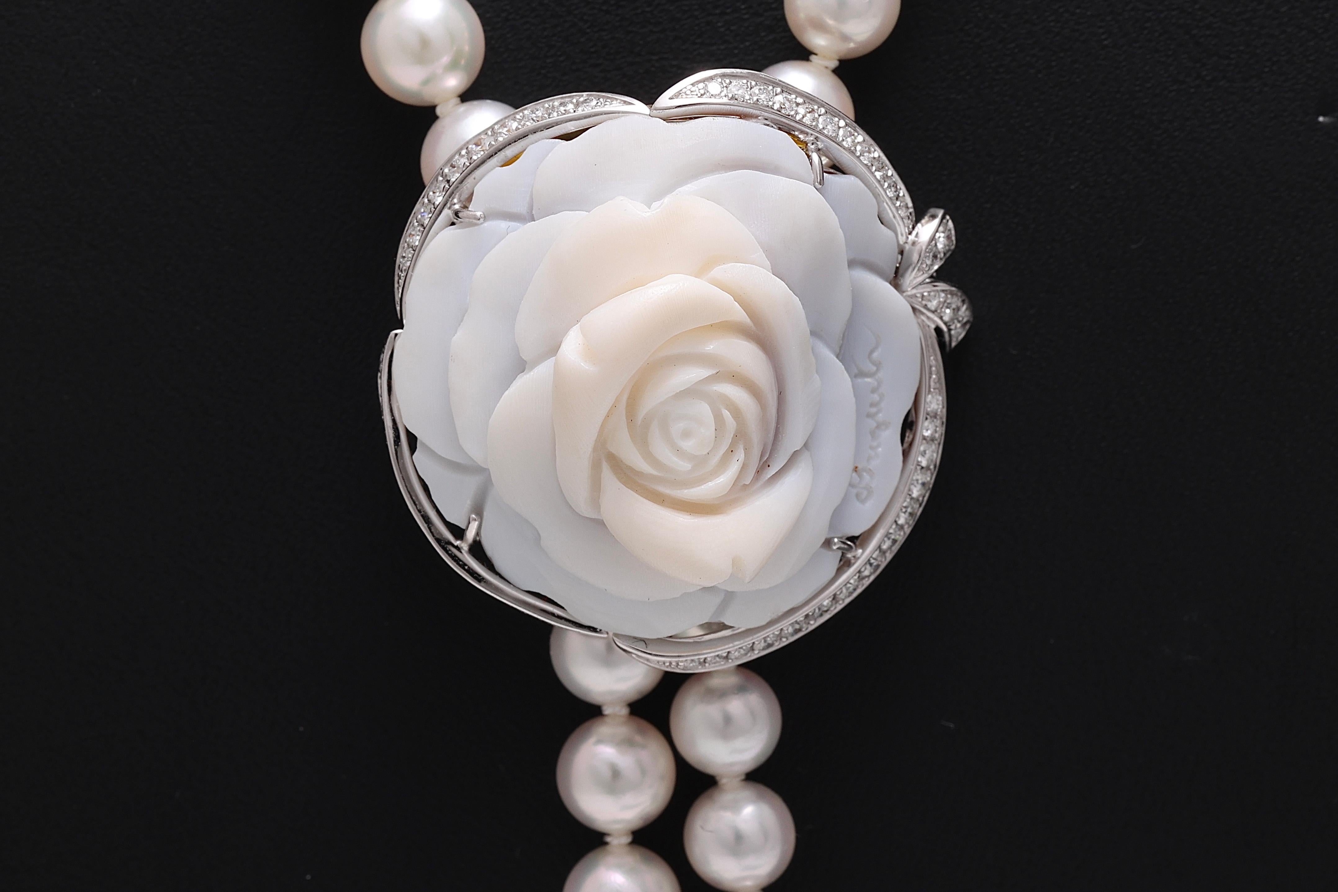 Women's or Men's 18 Kt Breguet Diamonds Pearl Necklace / Brooch / Earrings Flower Cameo s