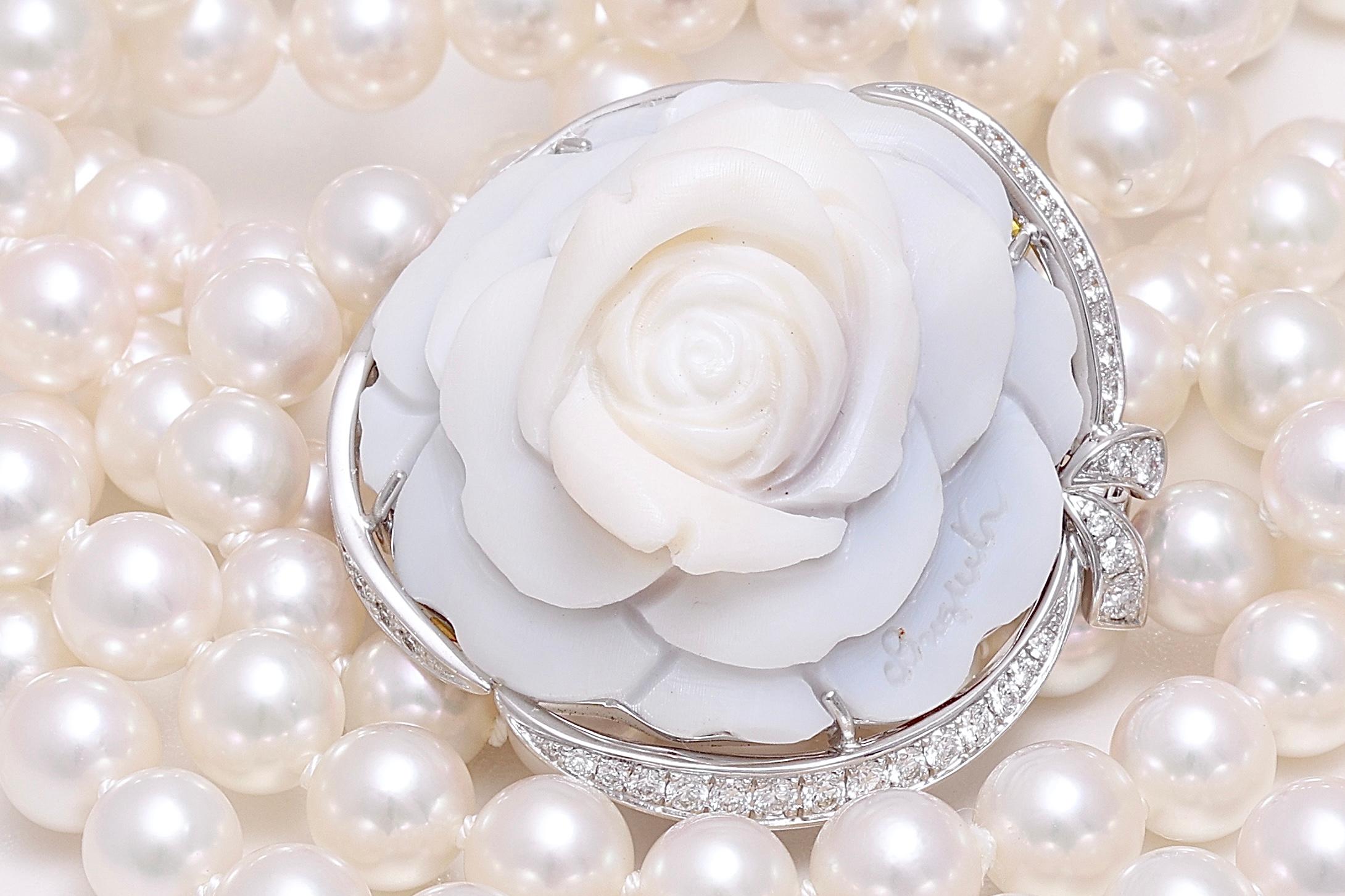 18 Kt Breguet Diamonds Pearl Necklace / Brooch / Earrings Flower Cameo s 1