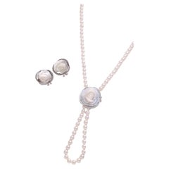 18 Kt Breguet Diamonds Pearl Necklace / Brooch / Earrings Flower Cameo s