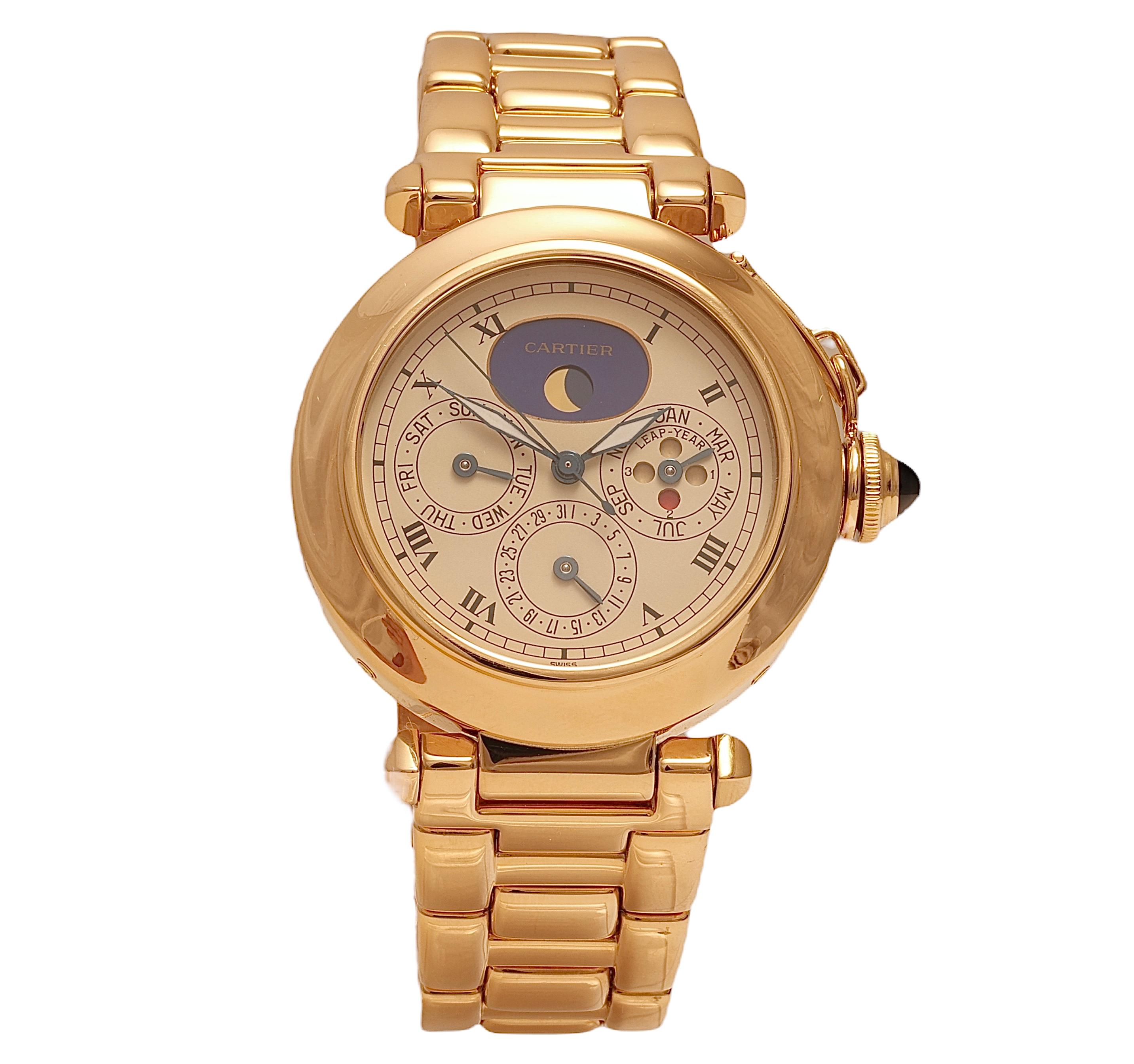 18 Kt Cartier Pasha Perpetual Calendar Wrist Watch, Day Date Month Moon Phase For Sale 4