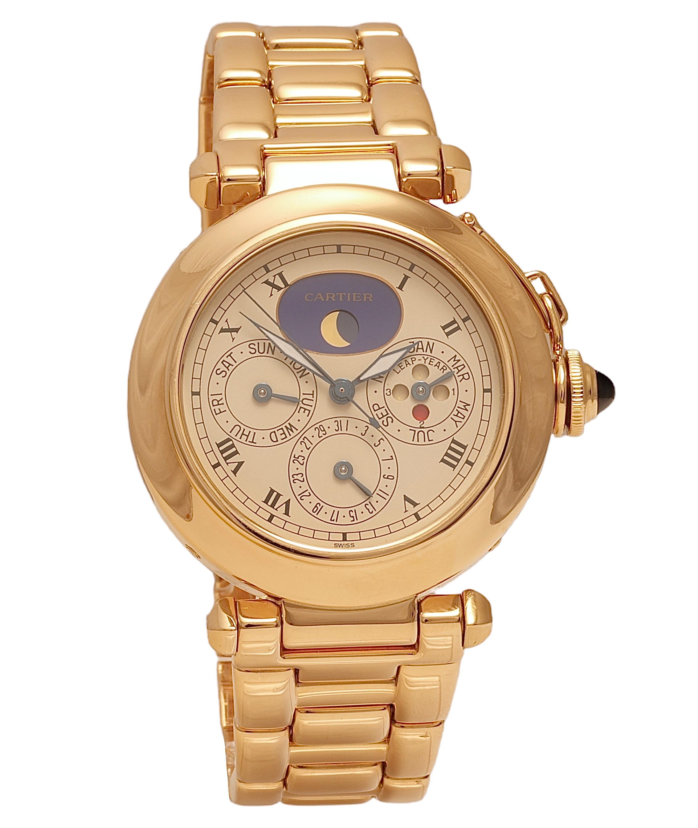 18 Kt Cartier Pasha Perpetual Calendar Wrist Watch, Day Date Month Moon Phase

Reference Nr 30003

Material Case & Strap: 18 Kt Solid Gold

Case : 38 mm

Weight : 166.5 Gram

Strap : 18 Kt Gold Cartier Strap with Gold Folding Buckle ,will fit a 19.5