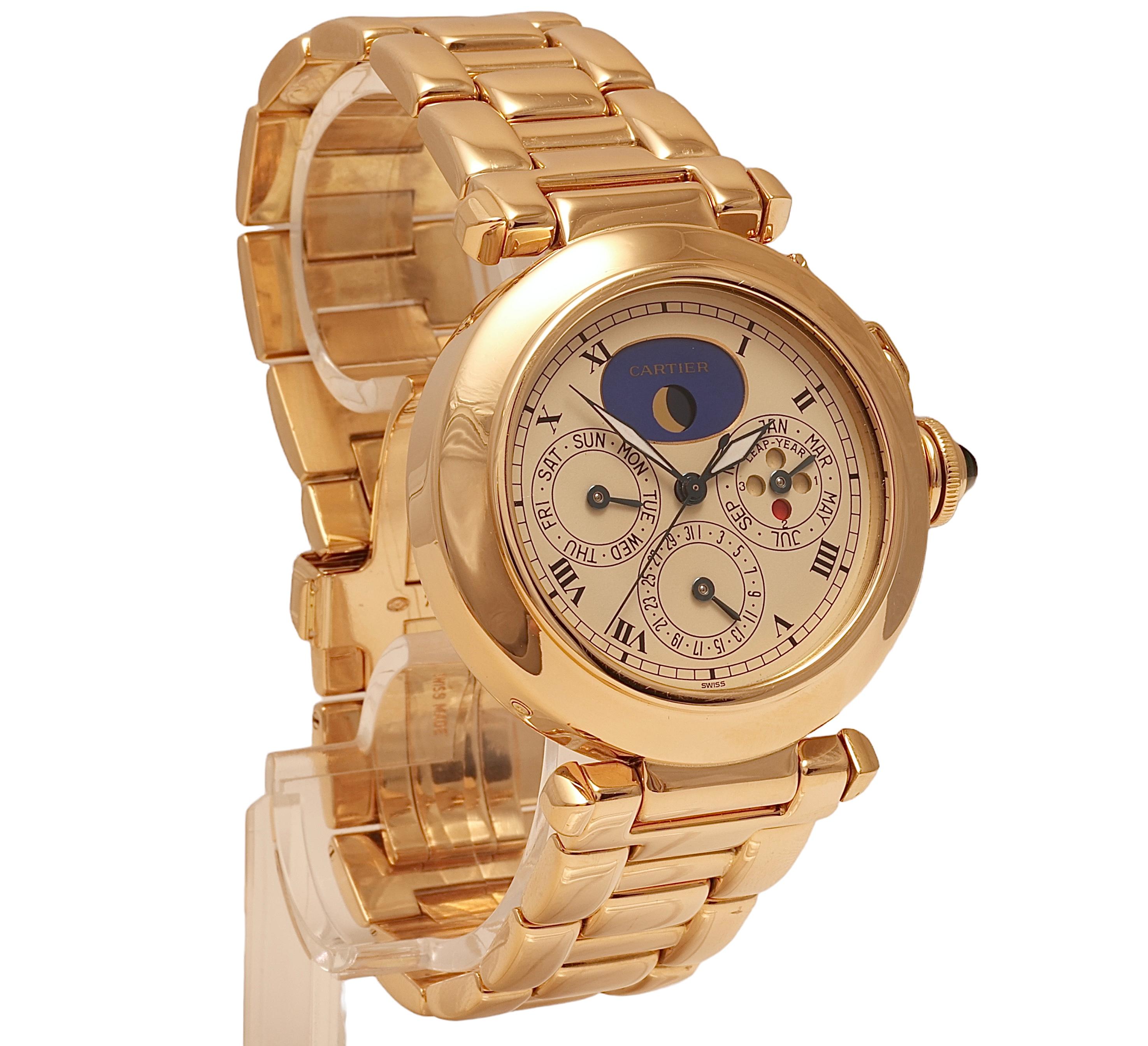Artisan 18 Kt Cartier Pasha Perpetual Calendar Wrist Watch, Day Date Month Moon Phase For Sale
