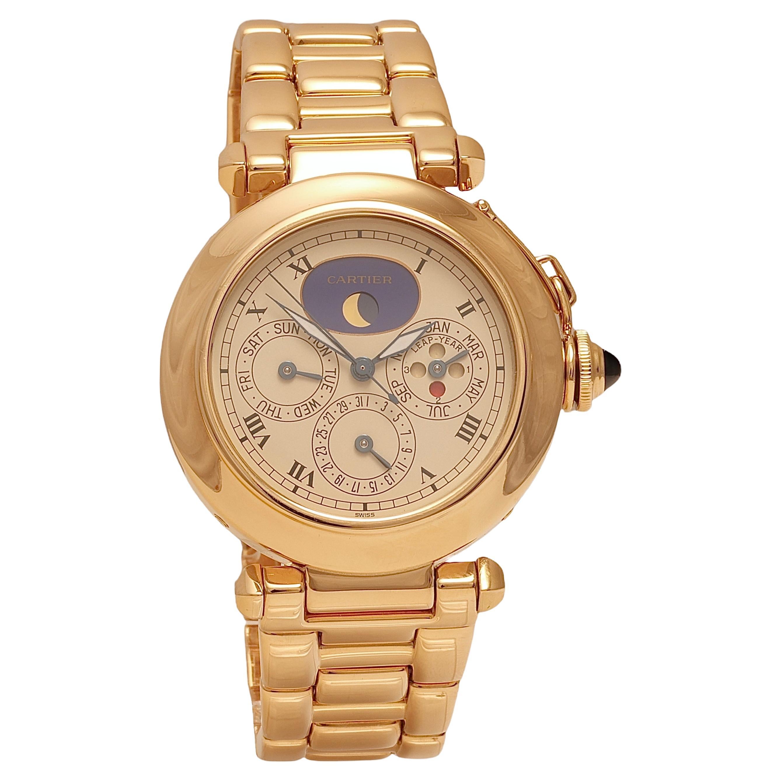 18 Kt Cartier Pasha Perpetual Calendar Wrist Watch, Day Date Month Moon Phase For Sale