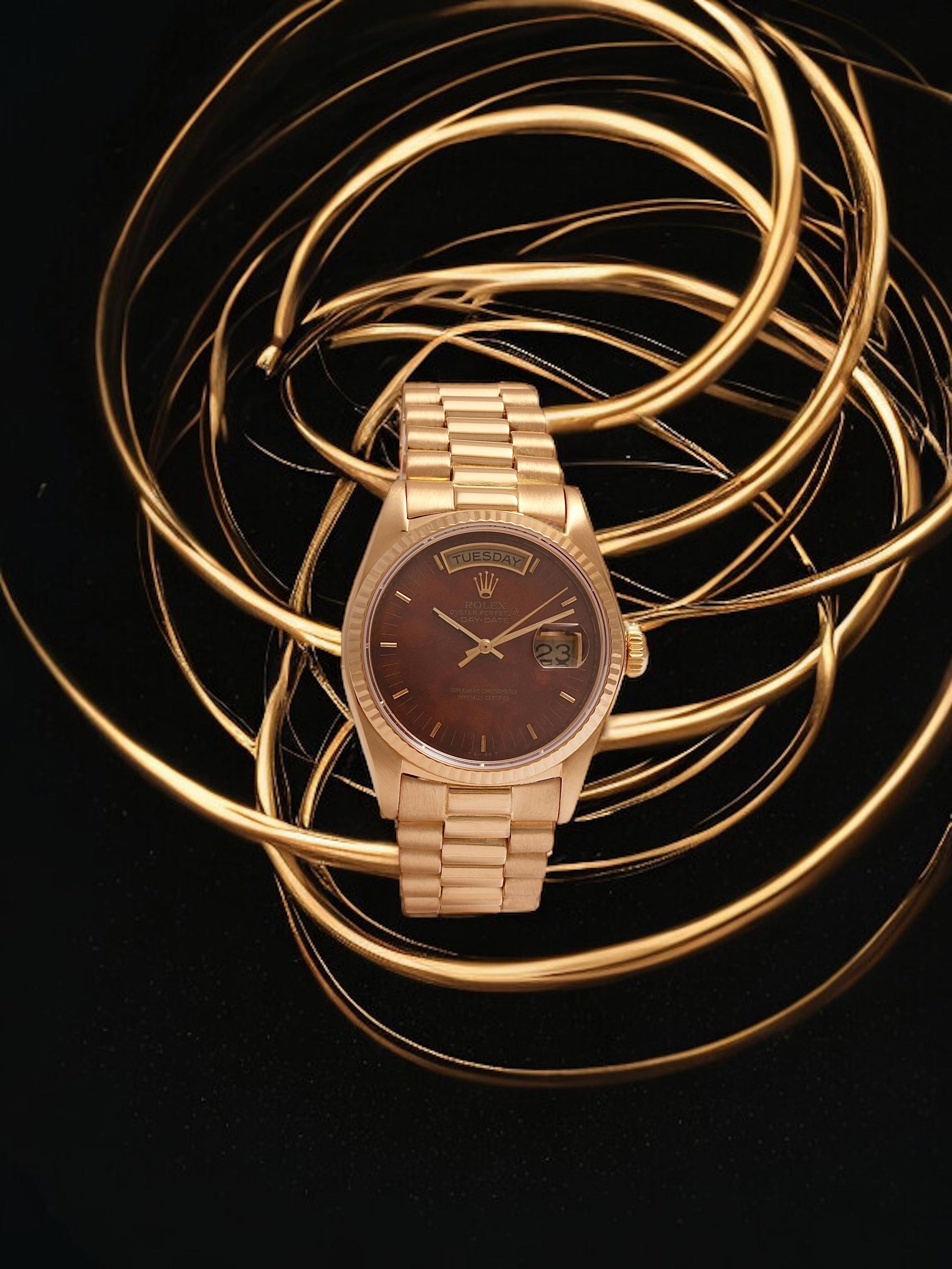 18 Kt Collectors Rolex President Wood Dial, Ref 18038 from 1978 For Sale 4