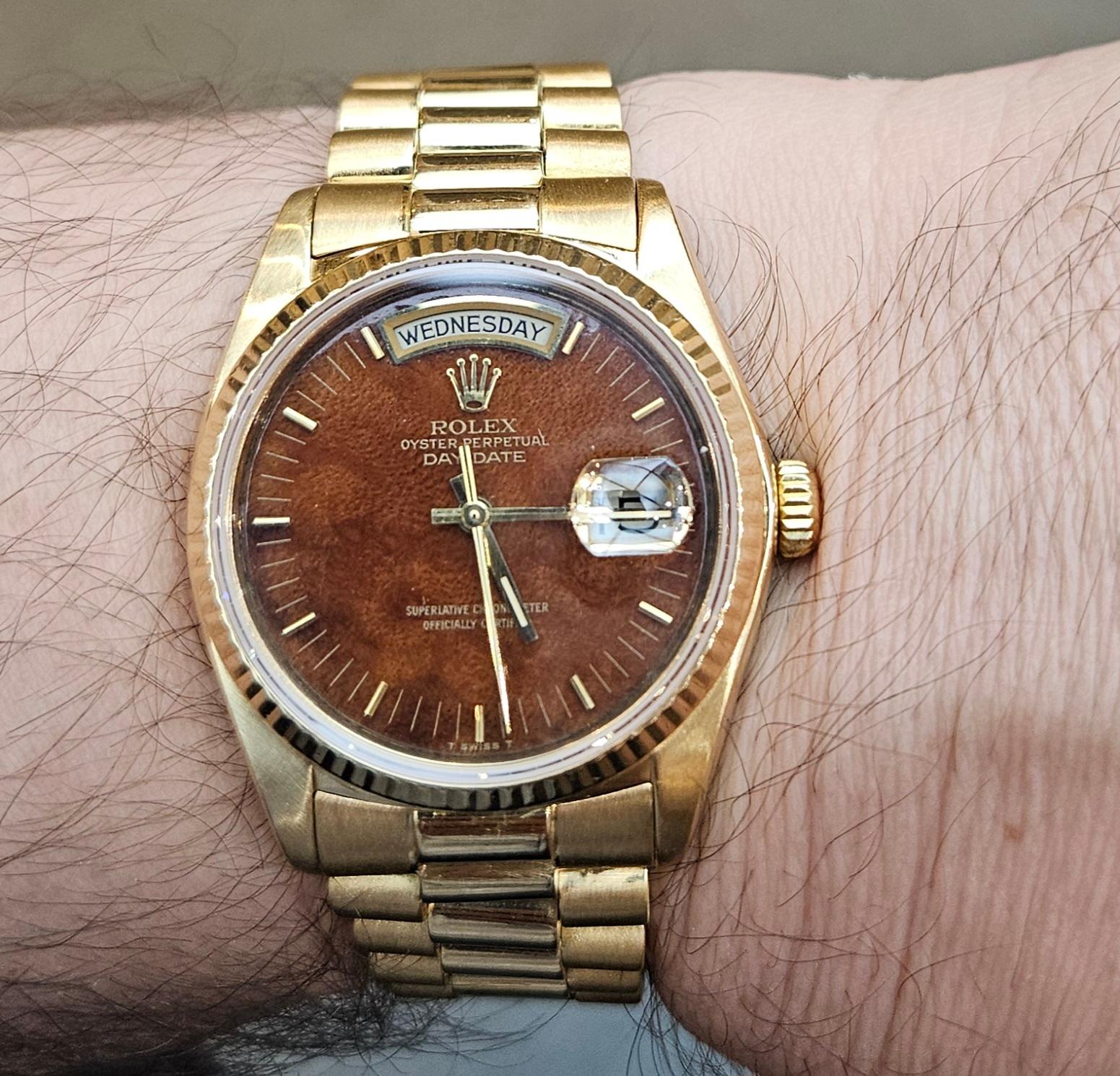 18 Kt Collectors Rolex President Wood Dial, Ref 18038 from 1978 For Sale 5