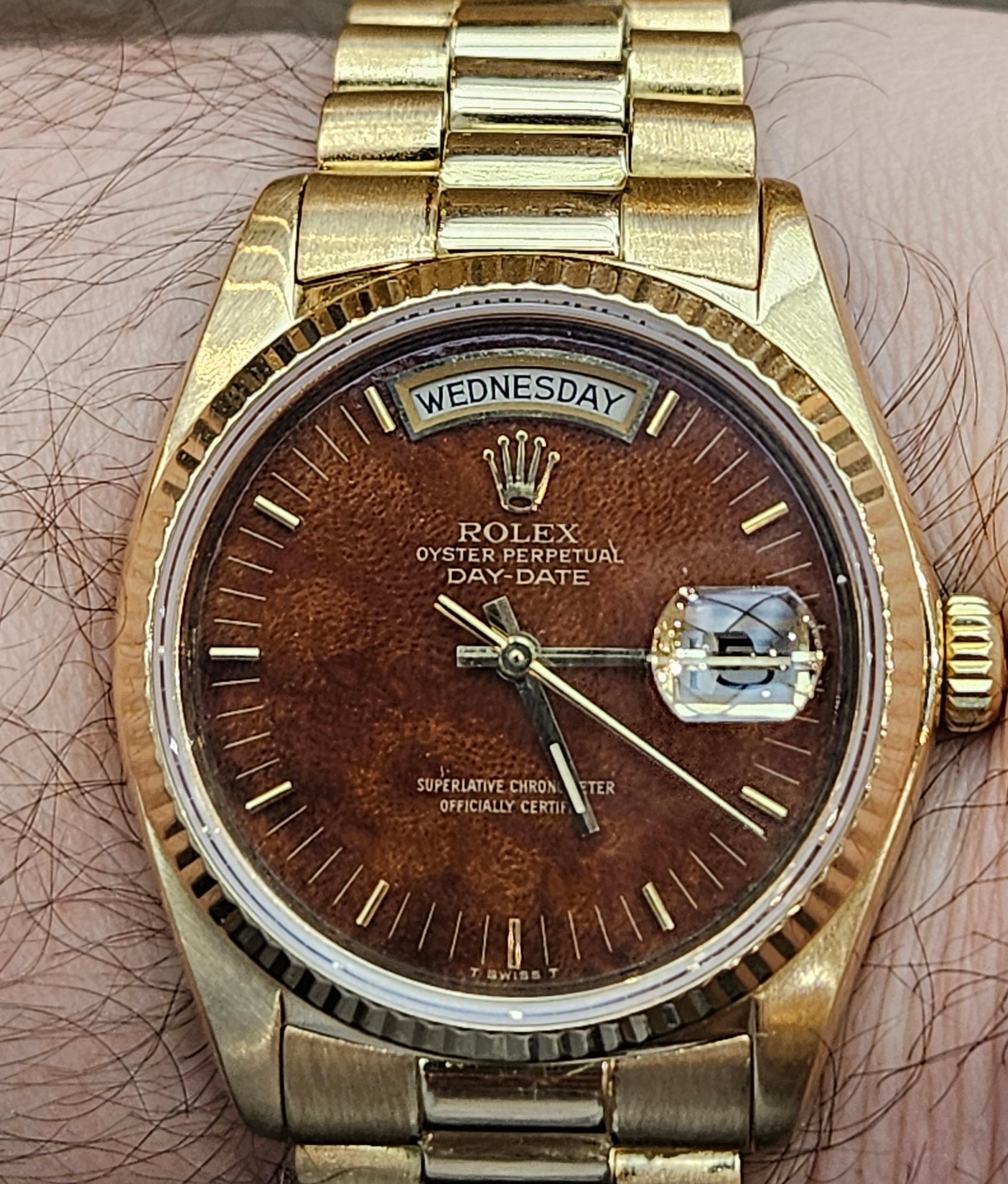 18 Kt Collectors Rolex President Wood Dial, Ref 18038 from 1978 For Sale 9