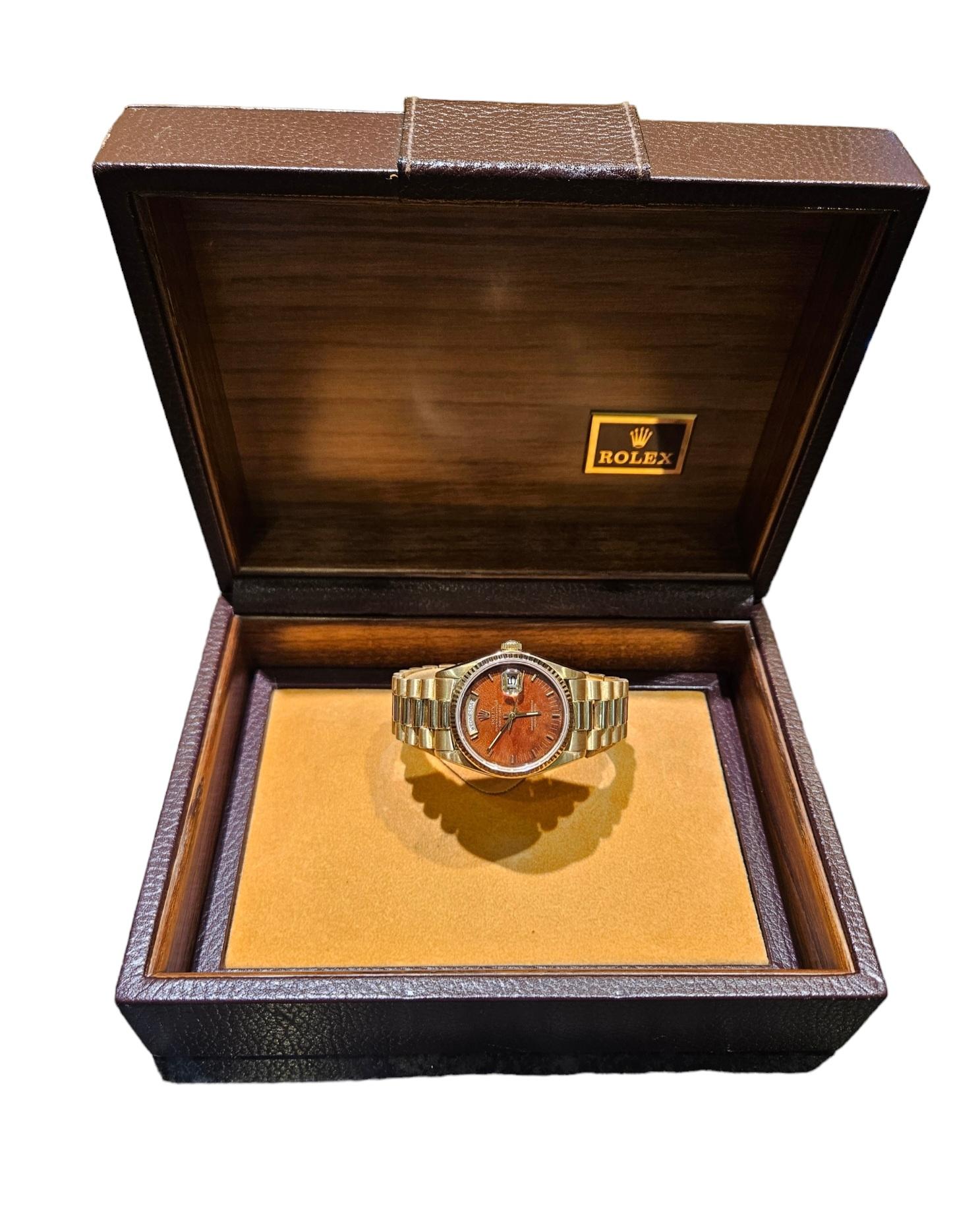 18 Kt Collectors Rolex President Wood Dial, Ref 18038 from 1978 For Sale 9