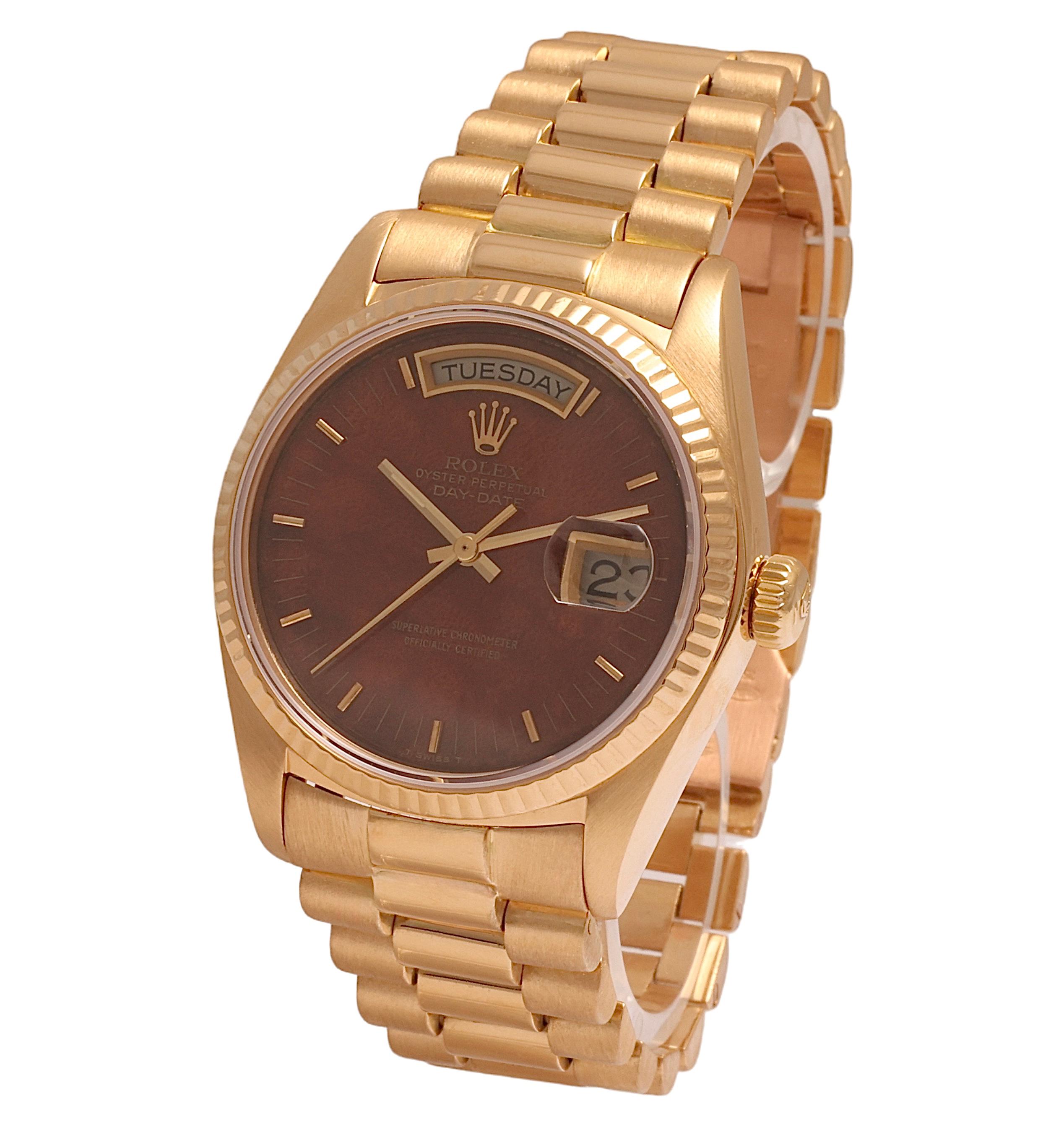 Modern 18 Kt Collectors Rolex President Wood Dial, Ref 18038 from 1978 For Sale