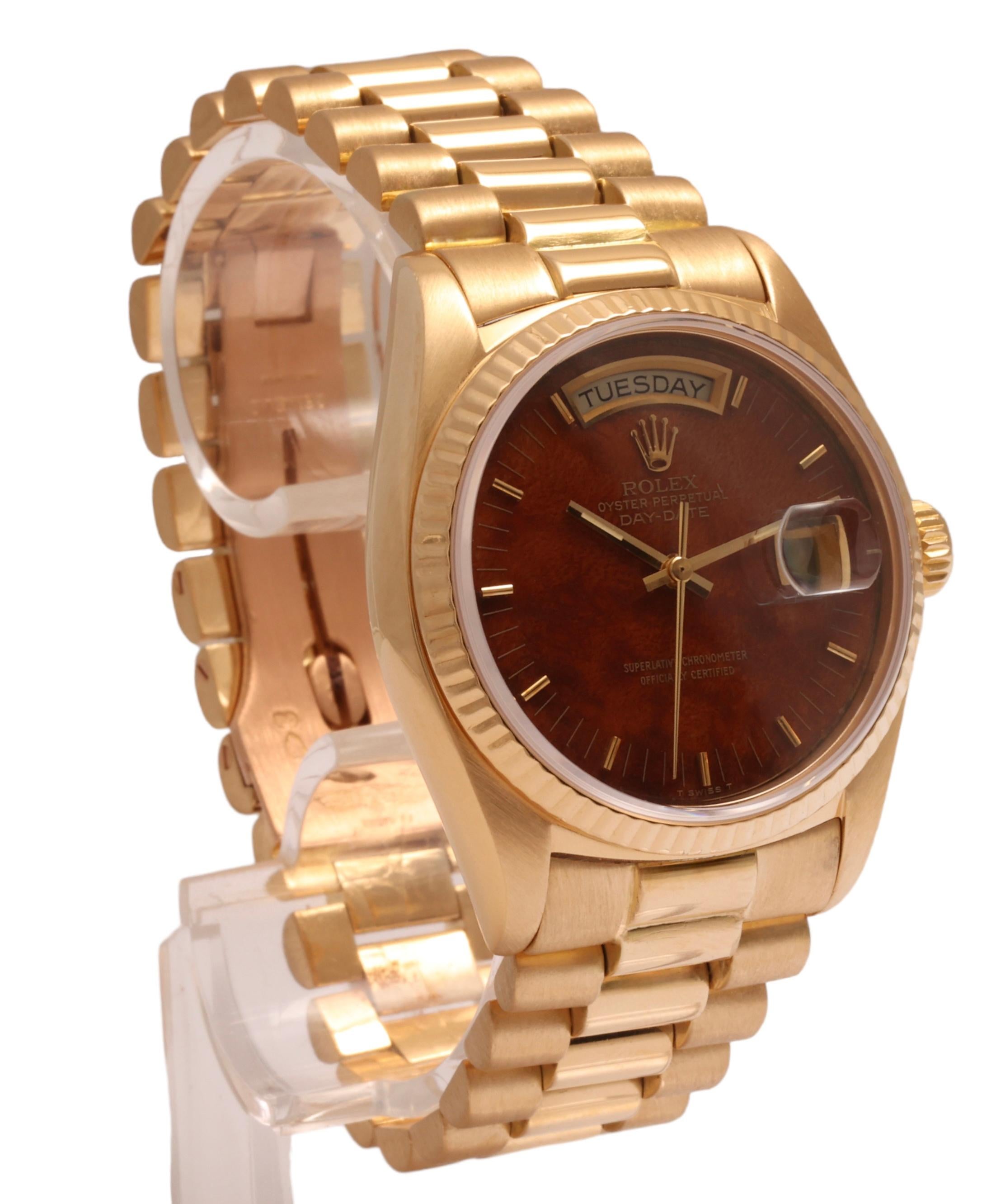 Modern 18 Kt Collectors Rolex President Wood Dial, Ref 18038 from 1978 For Sale