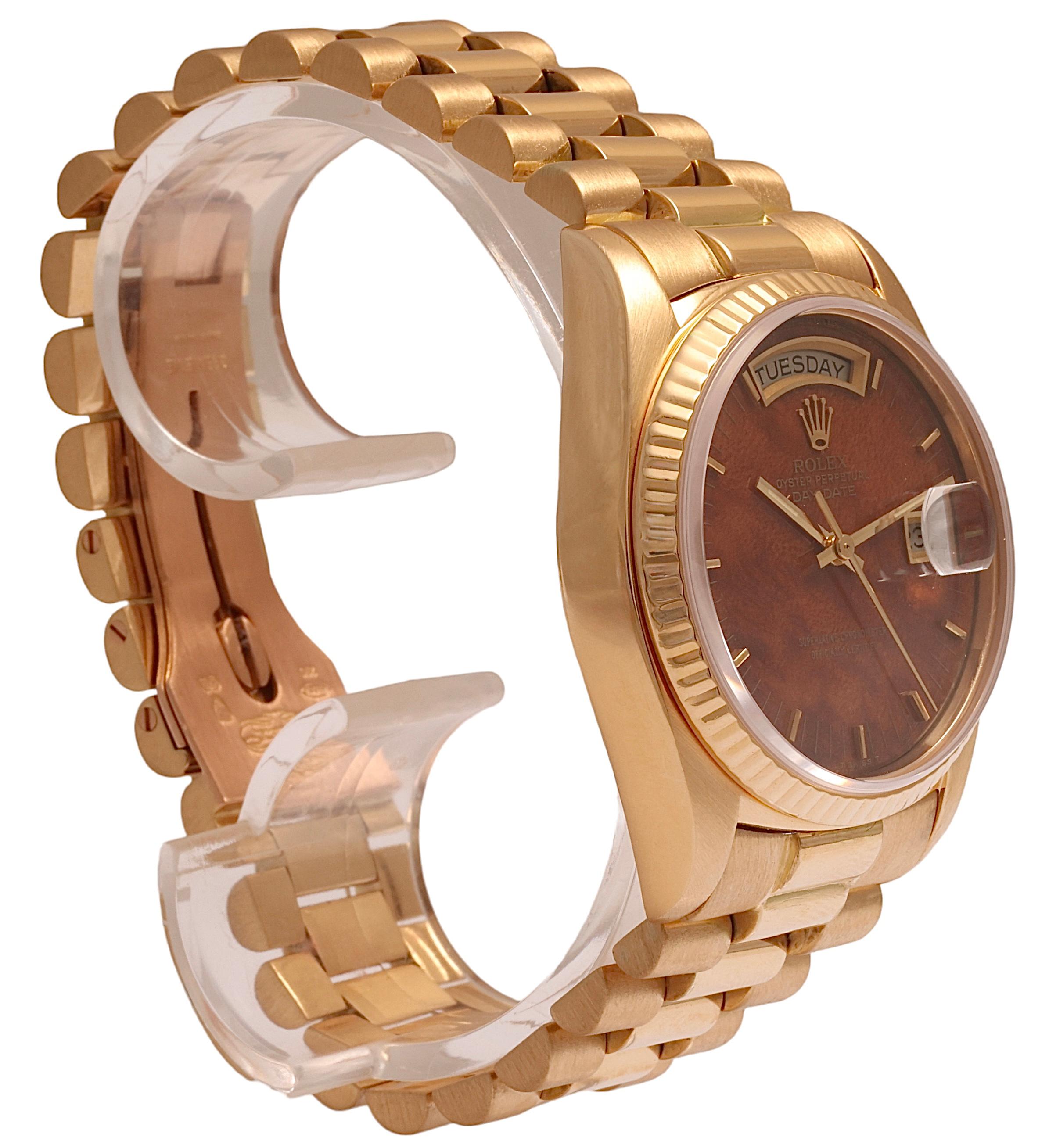 18 Kt Collectors Rolex President Wood Dial, Ref 18038 from 1978 In Excellent Condition For Sale In Antwerp, BE