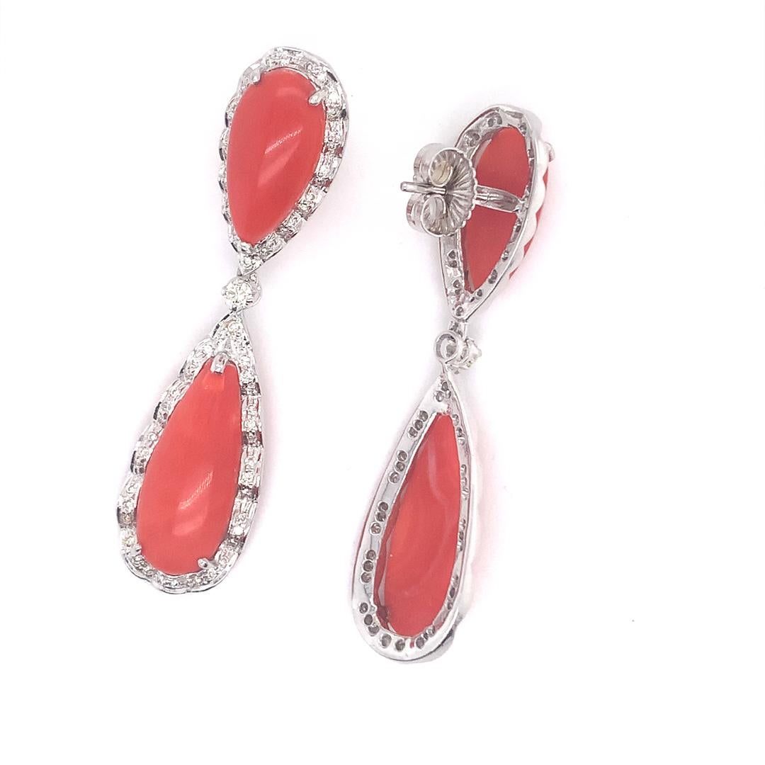 Pear Cut 18 Kt Coral and Diamond Dangle earrings For Sale