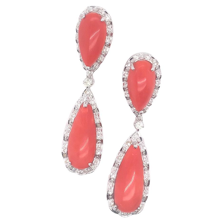 18 Kt Coral and Diamond Dangle earrings For Sale