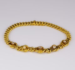 18 Karat Curb Chain Bracelet, Necklace Diamond Natural Pearl