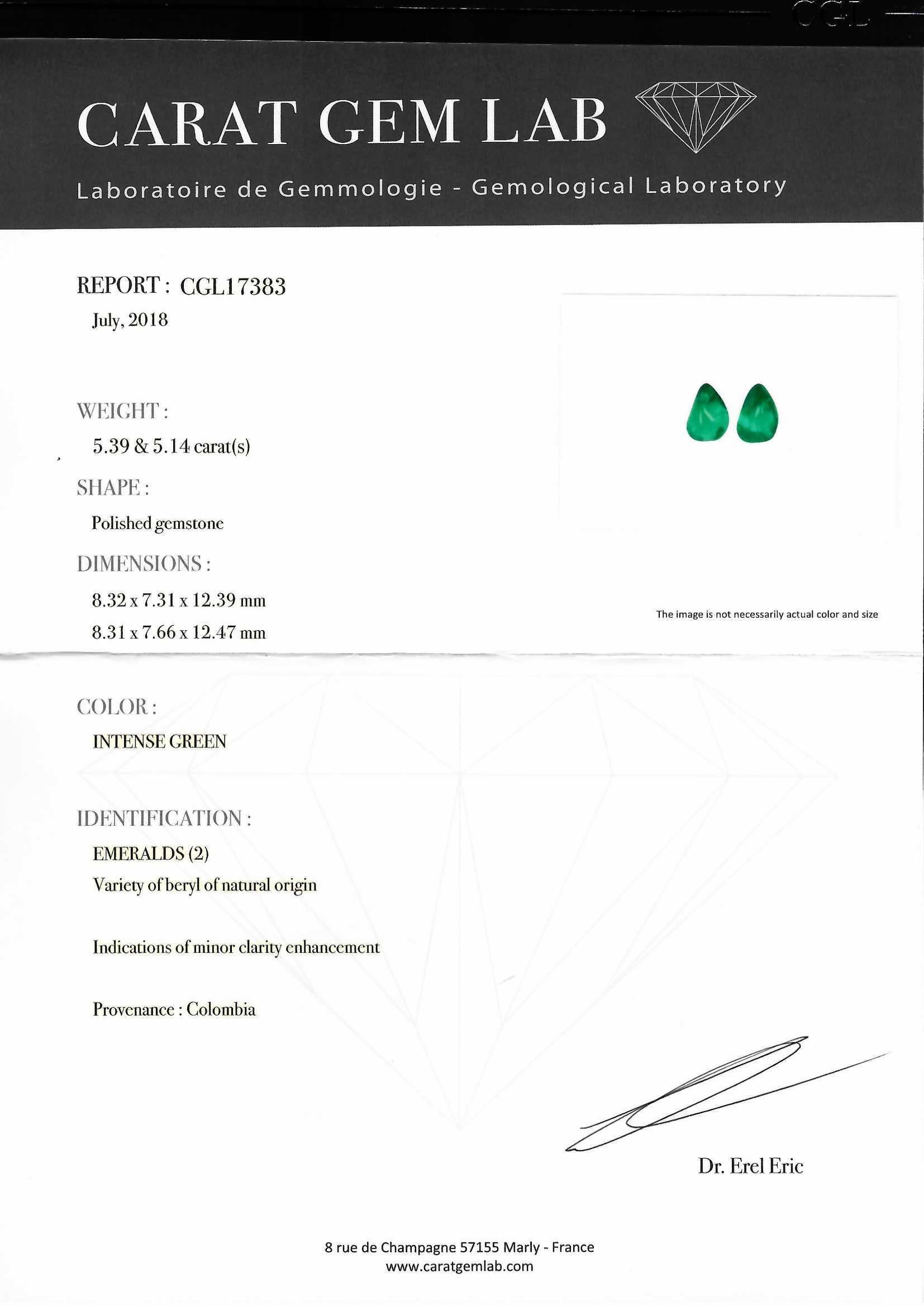 18 Kt, Earrings Minor Colombian 5.39 & 5.14ct Emeralds, Diamonds, CGL Certified For Sale 4