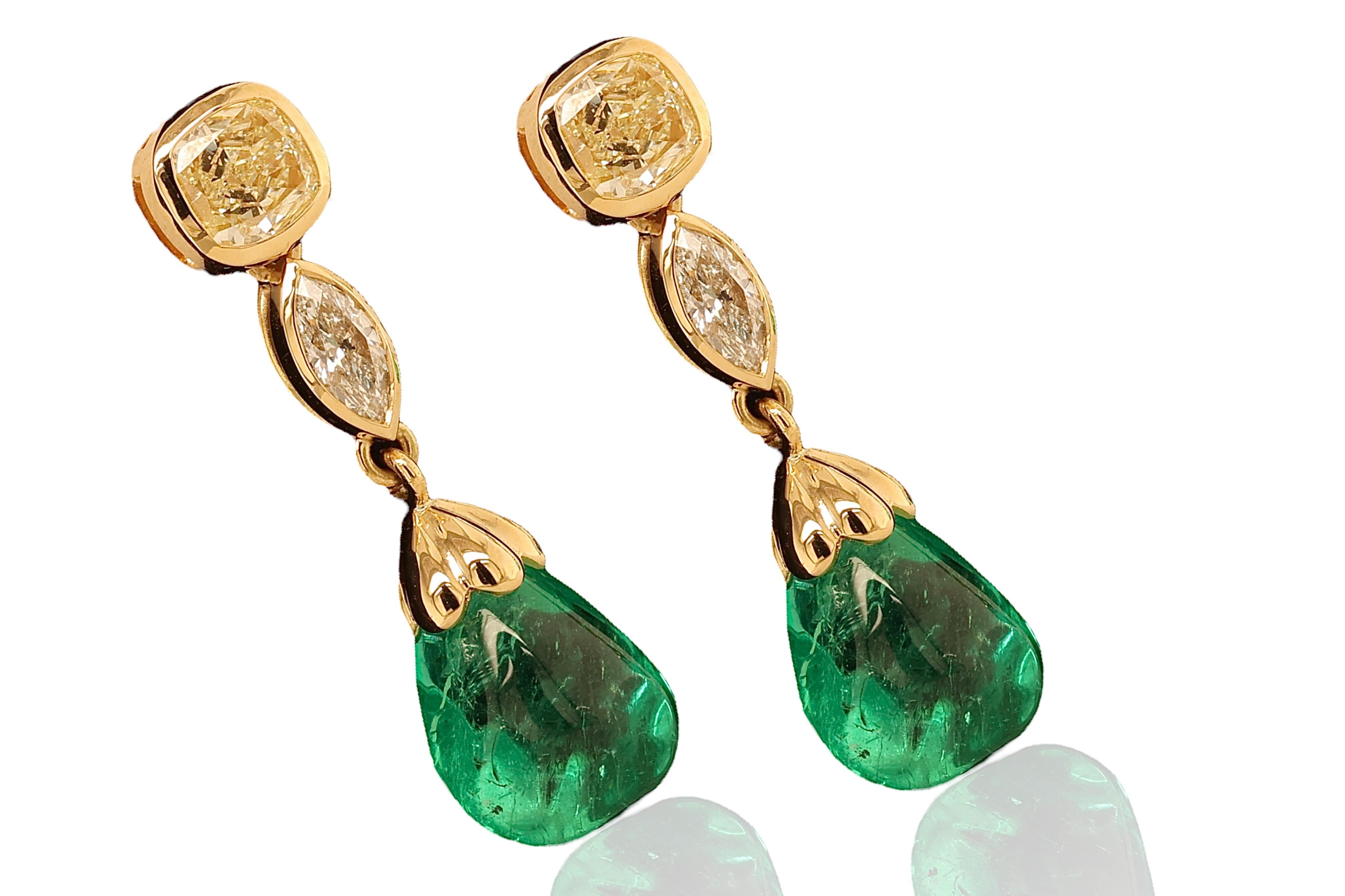 Artisan 18 Kt, Earrings Minor Colombian 5.39 & 5.14ct Emeralds, Diamonds, CGL Certified For Sale