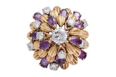 18 Kt Gold 1.7 Ct Loupe Clean Diamonds & Amethyst Ring with French Hallmarks