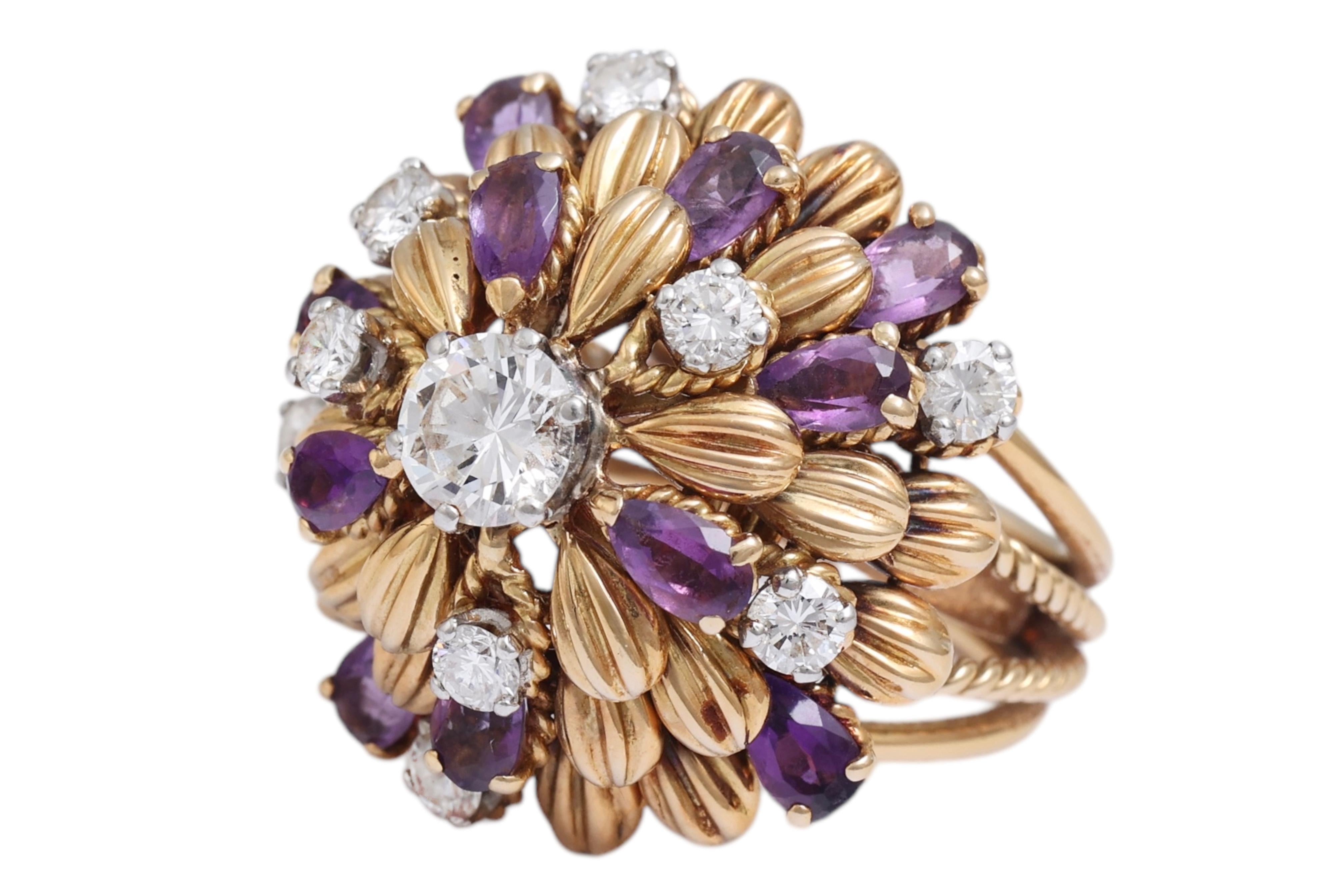 Artisan 18 Kt Gold 1.7 Ct Loupe Clean Diamonds & Amethyst Ring with French Hallmarks For Sale