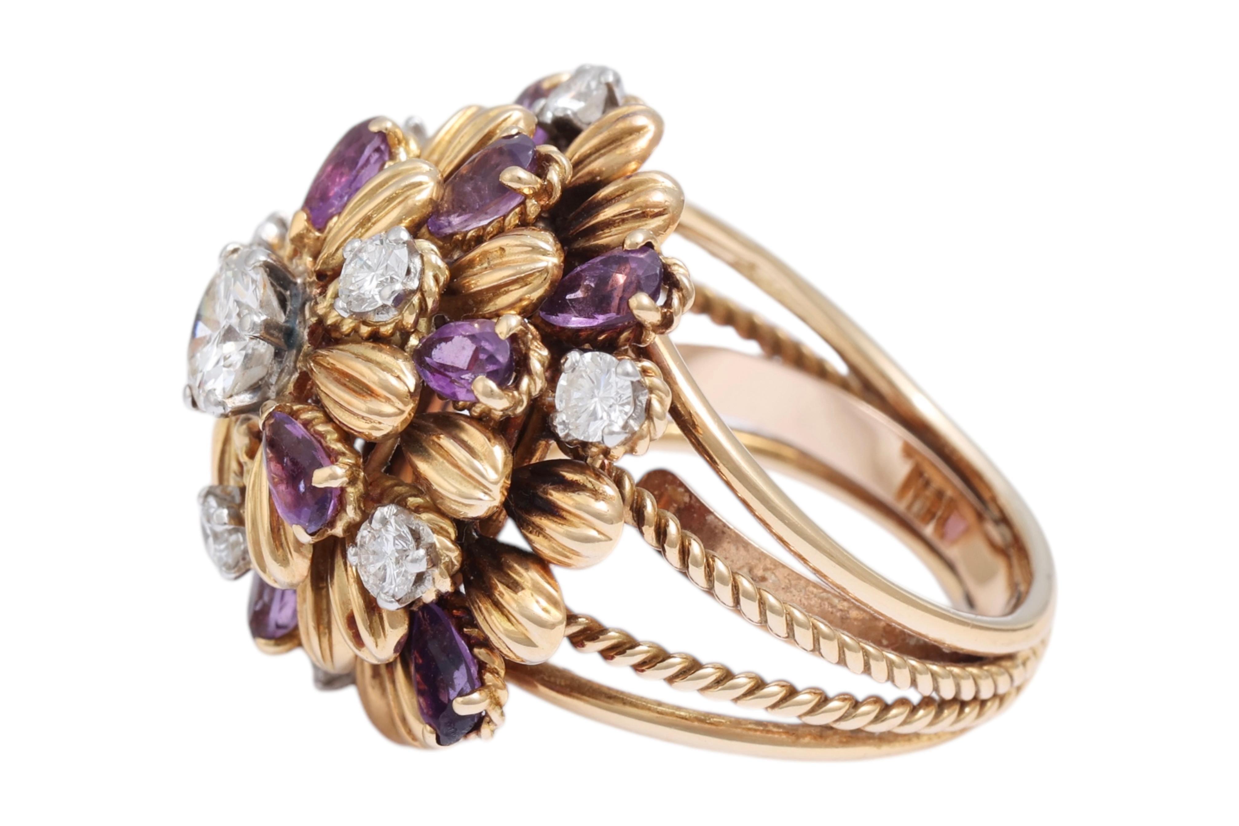Round Cut 18 Kt Gold 1.7 Ct Loupe Clean Diamonds & Amethyst Ring with French Hallmarks For Sale
