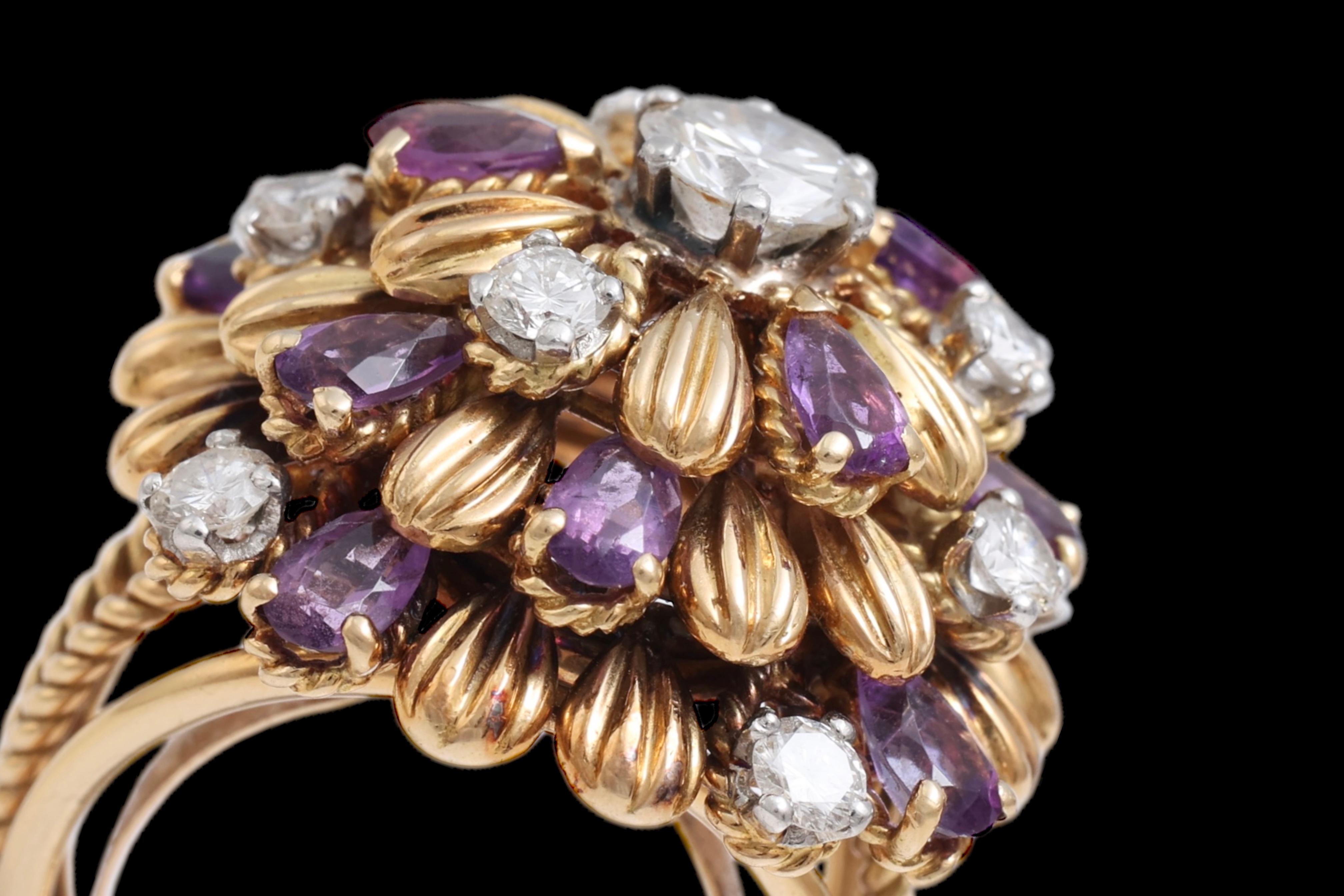18 Kt Gold 1.7 Ct Loupe Clean Diamonds & Amethyst Ring with French Hallmarks For Sale 1