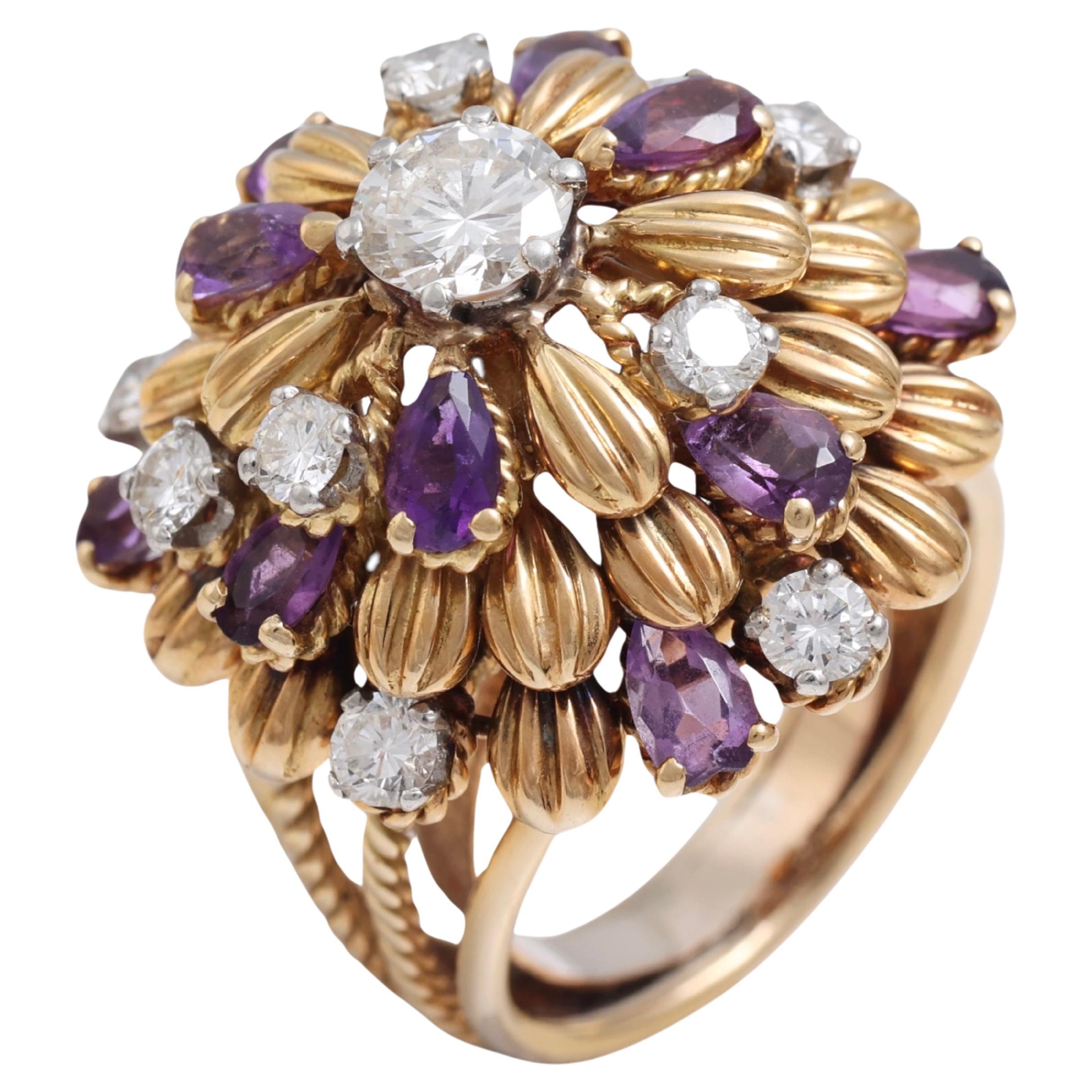 18 Kt Gold 1.7 Ct Loupe Clean Diamonds & Amethyst Ring with French Hallmarks For Sale