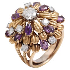 18 Kt Gold 1.7 Ct Loupe Clean Diamonds & Amethyst Ring with French Hallmarks
