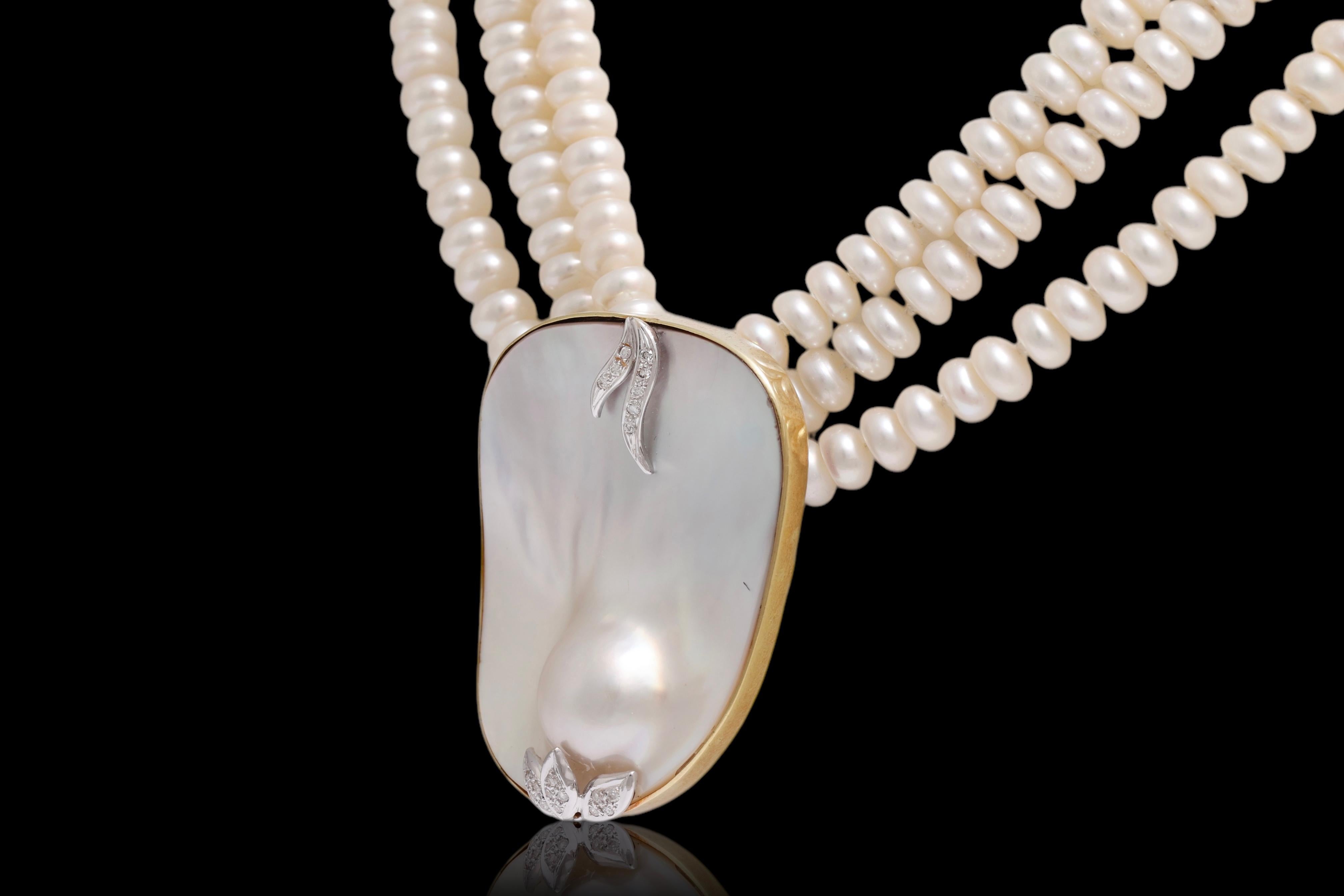 Collier/pendentif en or 18 carats à 3 rangs de perles, or et diamants, unique en son genre en vente 8