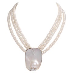 Collier/pendentif en or 18 carats à 3 rangs de perles, or et diamants, unique en son genre