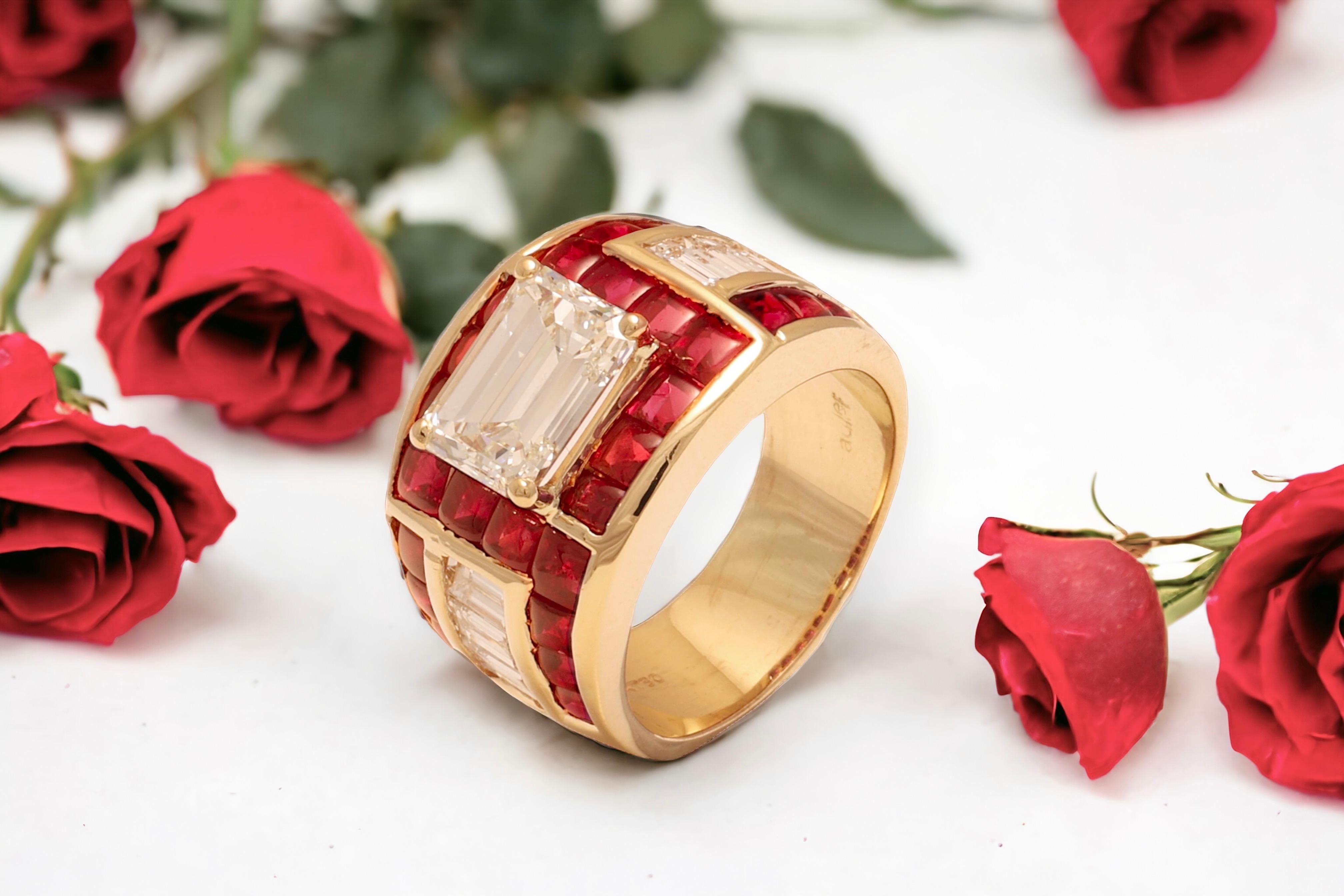 18 Kt. Gold Adler Genèva Emerald Cut Diamond & Ruby Ring, Estate Sultan Oman For Sale 4