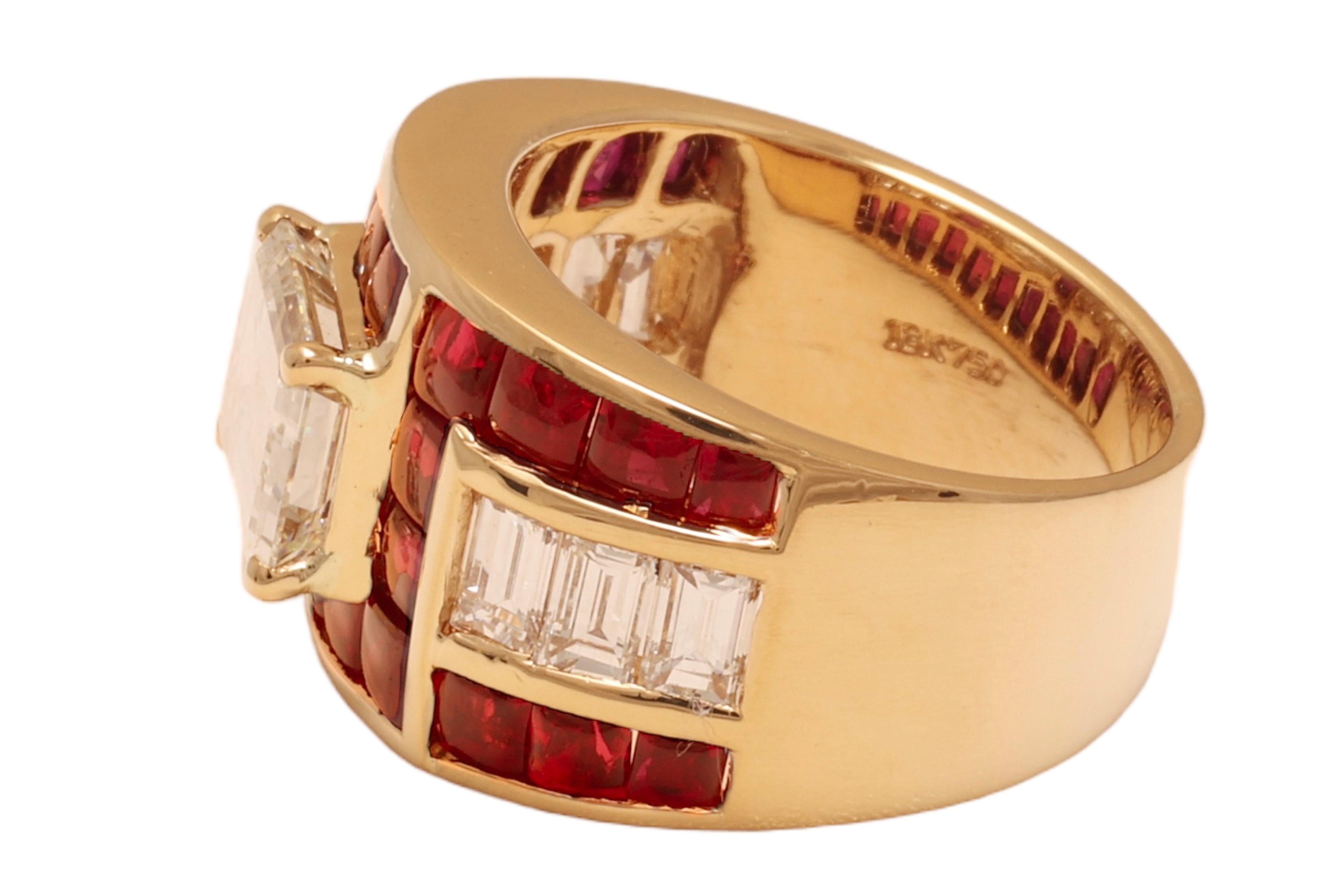 Artisan 18 Kt. Gold Adler Genèva Emerald Cut Diamond & Ruby Ring, Estate Sultan Oman For Sale