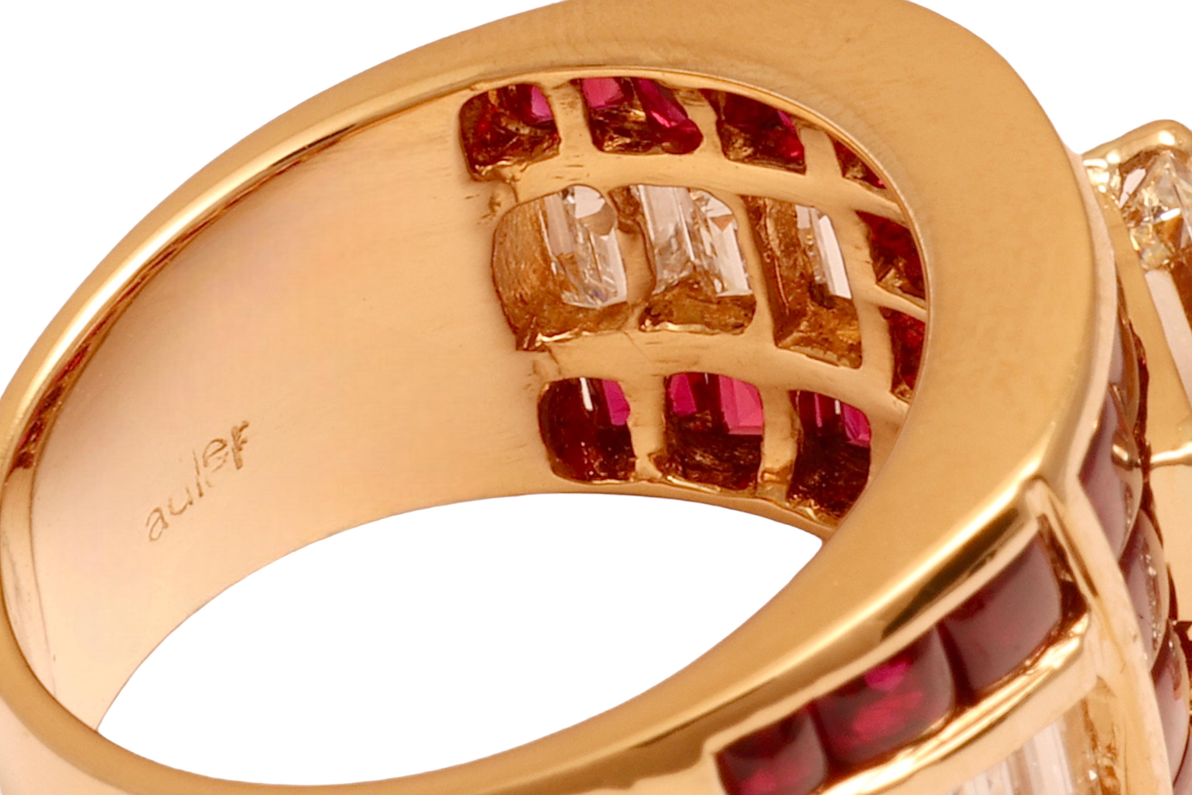 Women's or Men's 18 Kt. Gold Adler Genèva Emerald Cut Diamond & Ruby Ring, Estate Sultan Oman For Sale