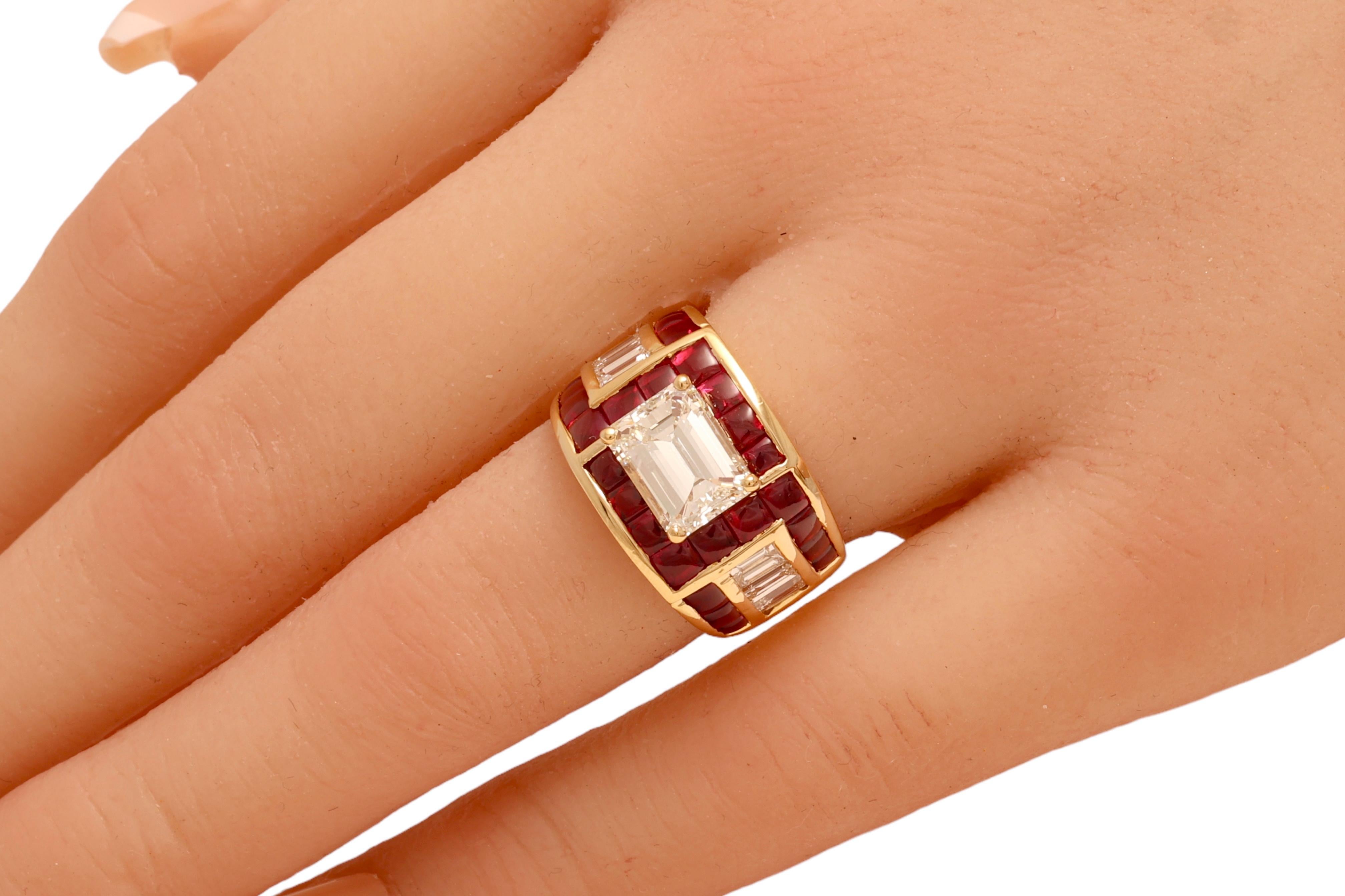 18 Kt. Gold Adler Genèva Emerald Cut Diamond & Ruby Ring, Estate Sultan Oman For Sale 1