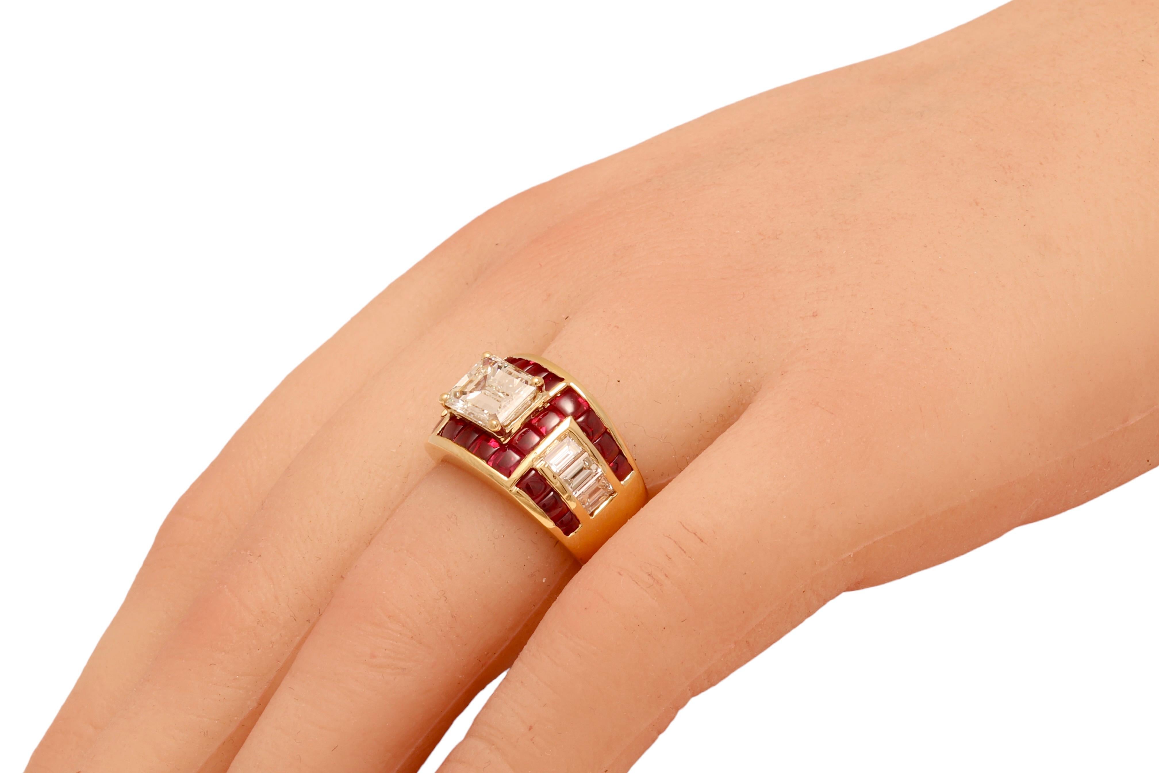 18 Kt. Gold Adler Genèva Emerald Cut Diamond & Ruby Ring, Estate Sultan Oman For Sale 2
