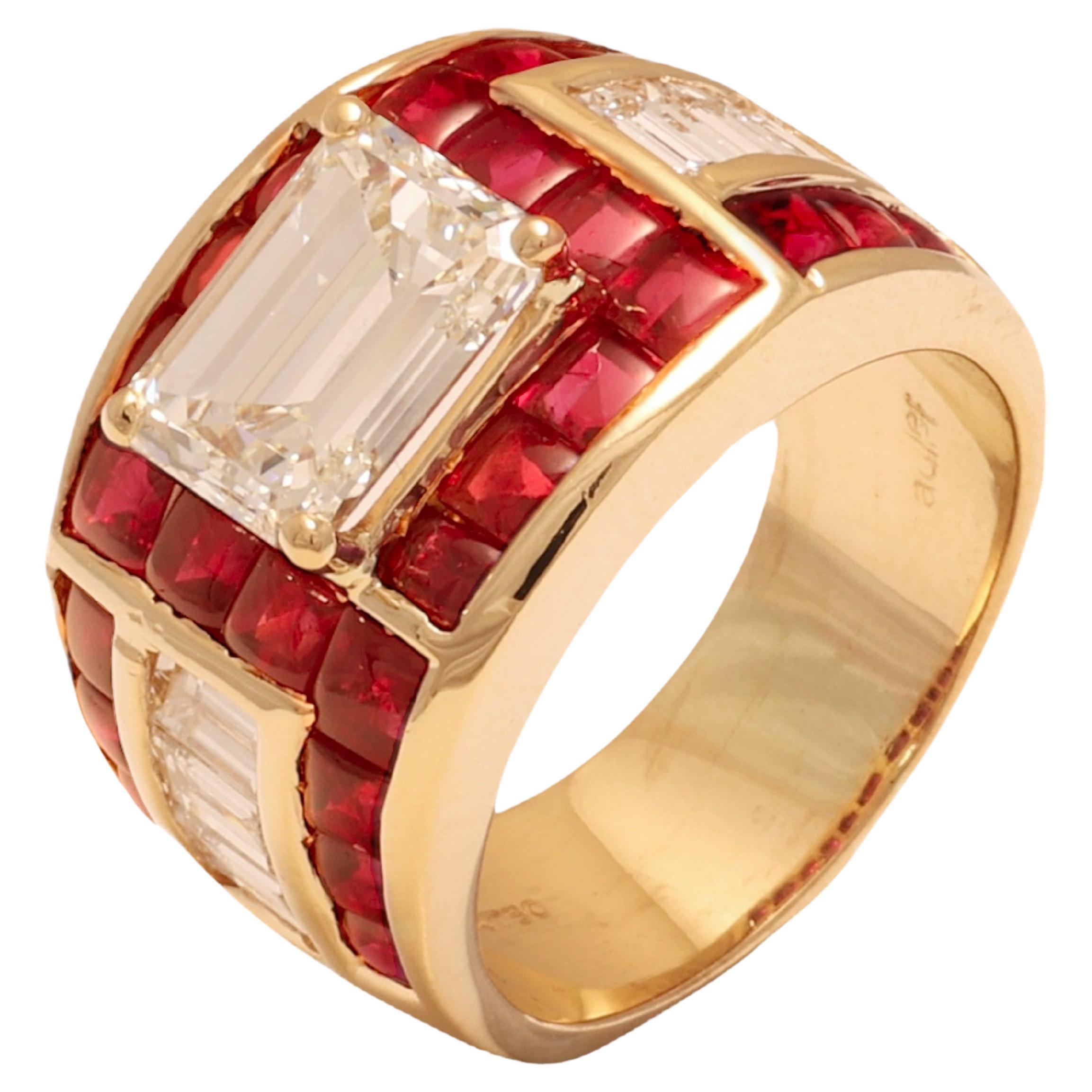 18 Kt. Gold Adler Genèva Emerald Cut Diamond & Ruby Ring, Estate Sultan Oman For Sale