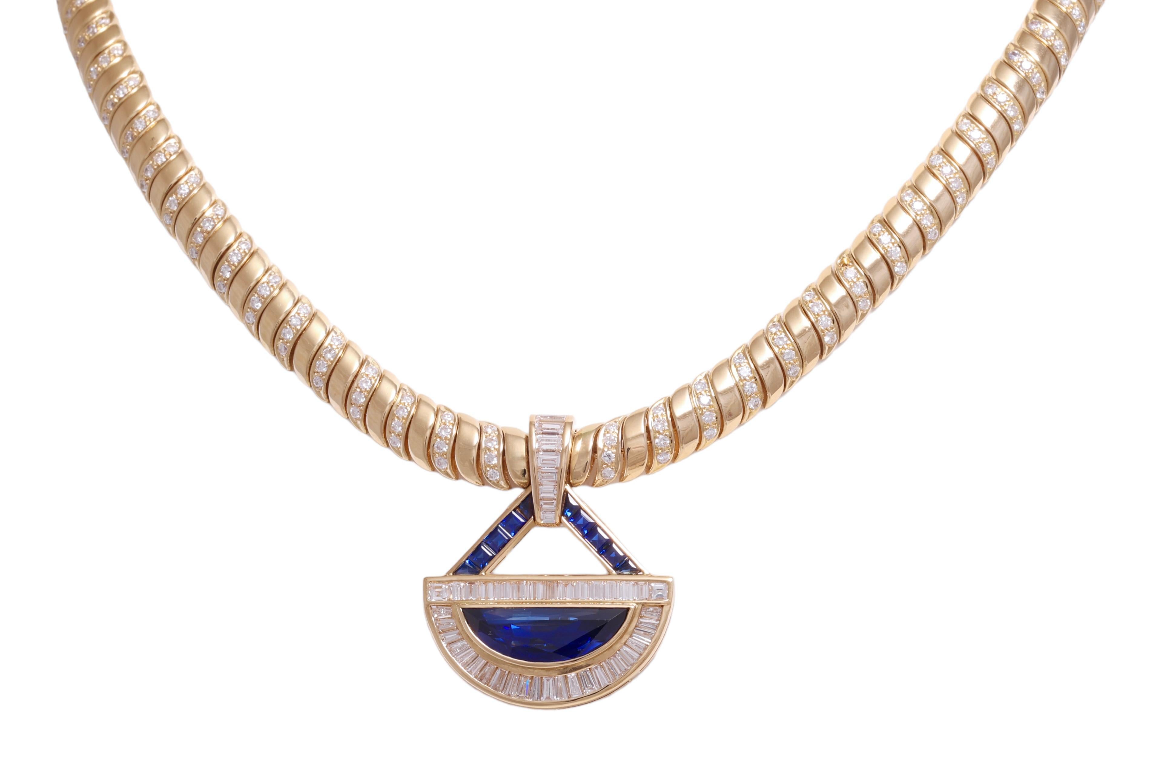 18 kt. Gold Adler Genèva Set Necklace & Ring Sapphire, Diamonds, Estate Sultan Oman Qaboos Bin Said

Necklace and Pendant can be separated, so that the pendant can be worn with a different necklace & necklace can be worn on it own to give it its