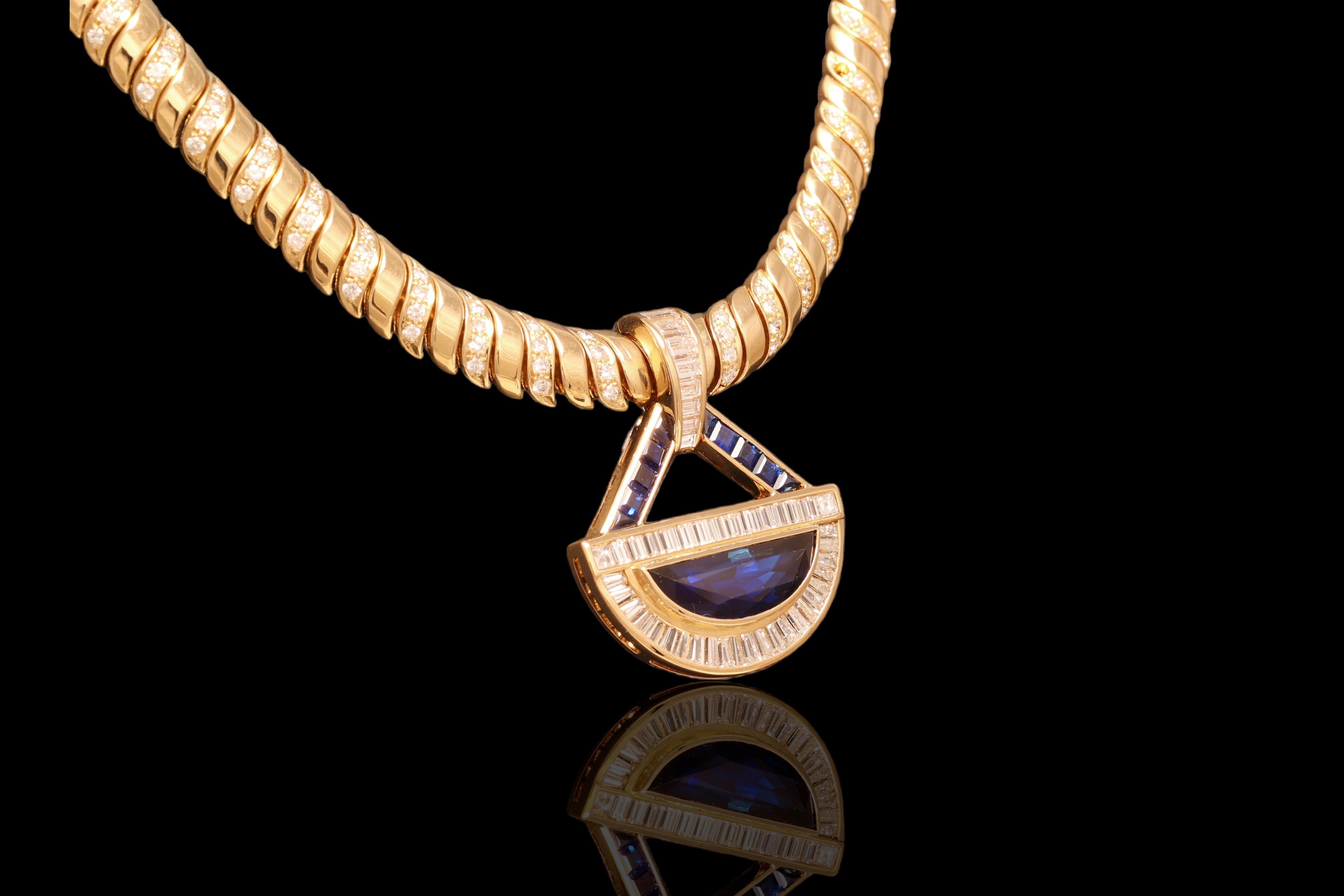 Artisan 18 kt. Gold Adler Genèva Set Necklace & Ring Sapphire, Diam, Estate Sultan Oman  For Sale
