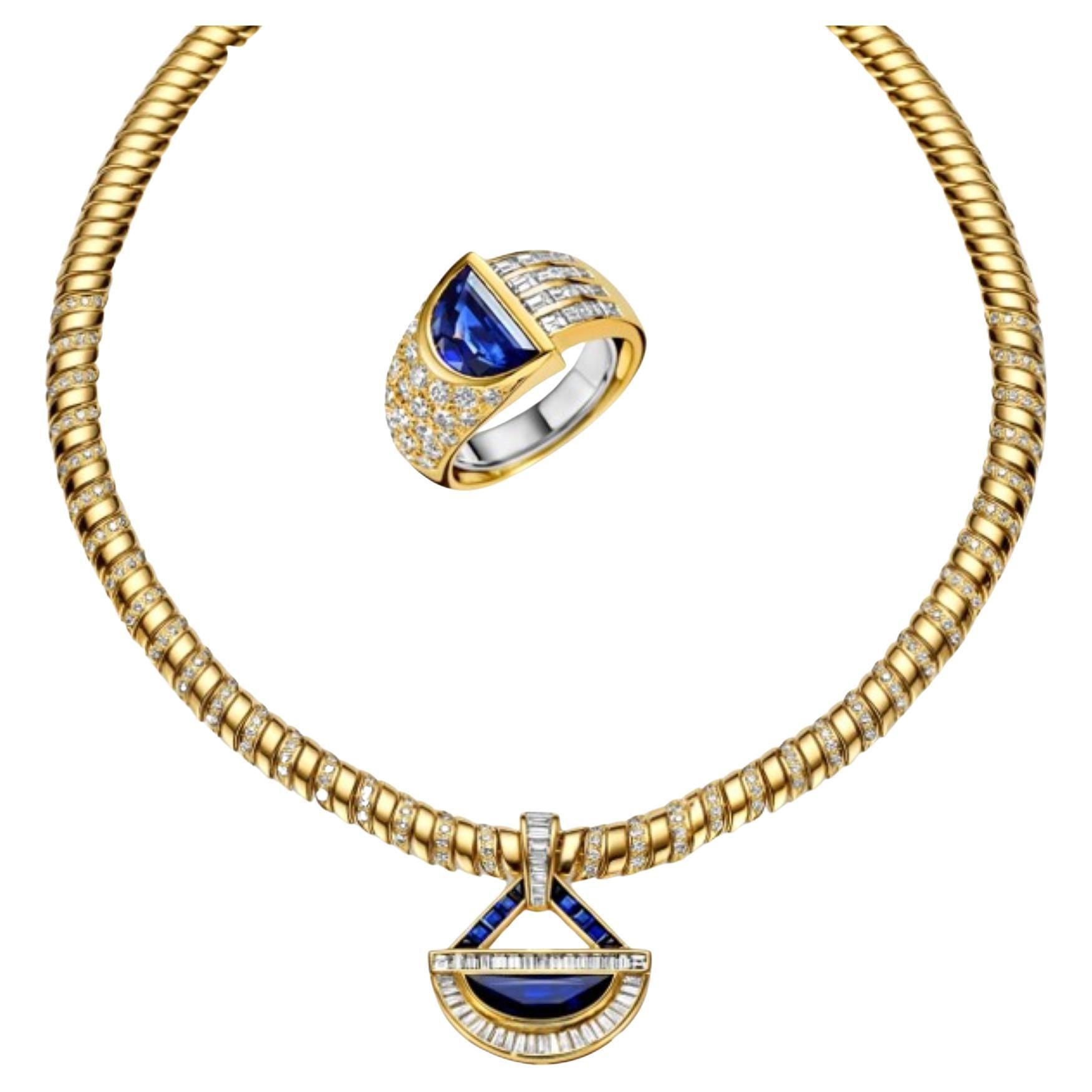 18 kt. Gold Adler Genèva Set Necklace & Ring Sapphire, Diam, Estate Sultan Oman  For Sale