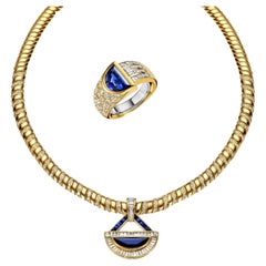 Vintage 18 kt. Gold Adler Genèva Set Necklace & Ring Sapphire, Diam, Estate Sultan Oman 