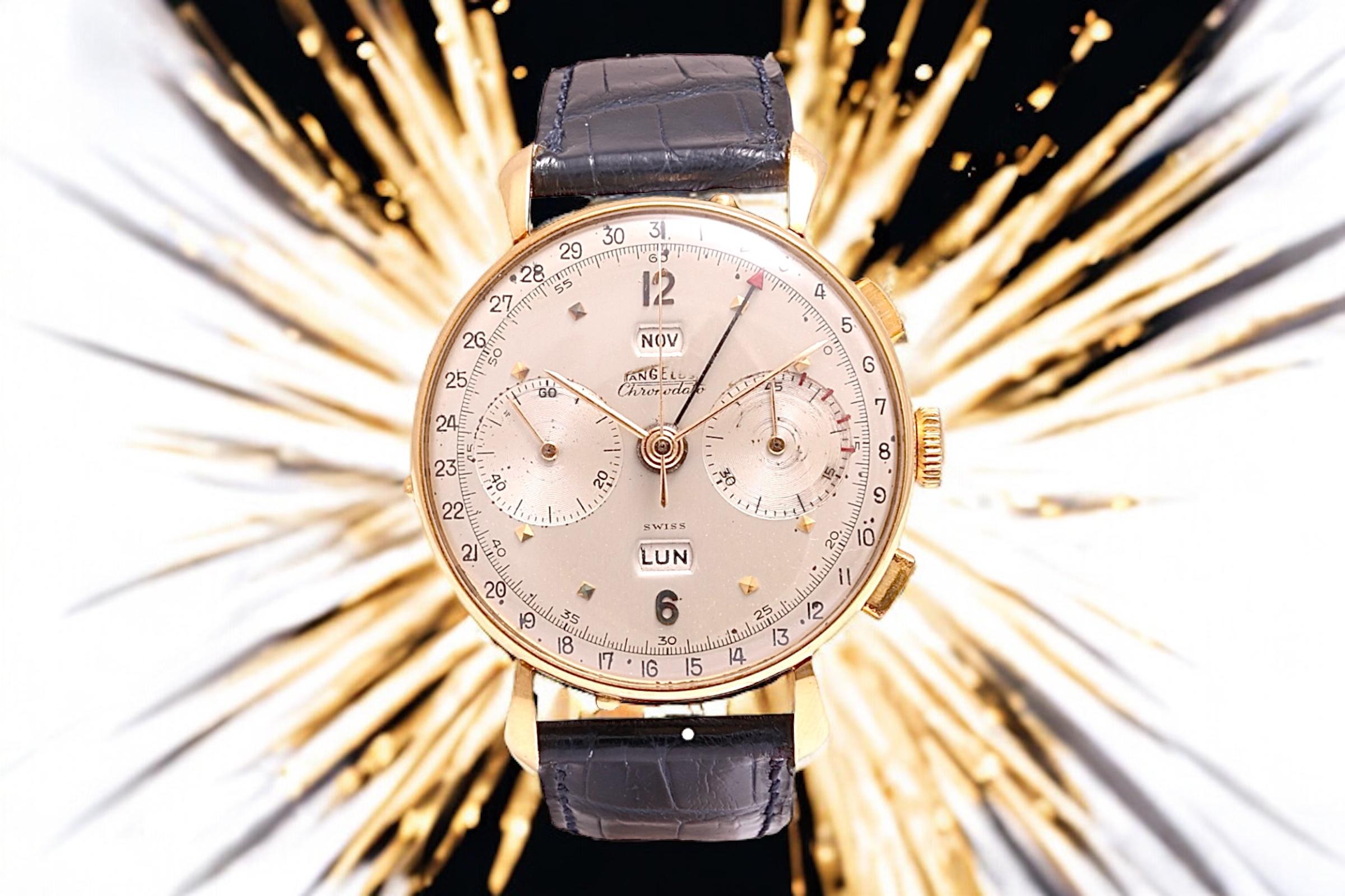 18 Kt Gold Angelus Chronodate Triple Date Jumbo 38mm Chronograph Wrist Watch For Sale 4