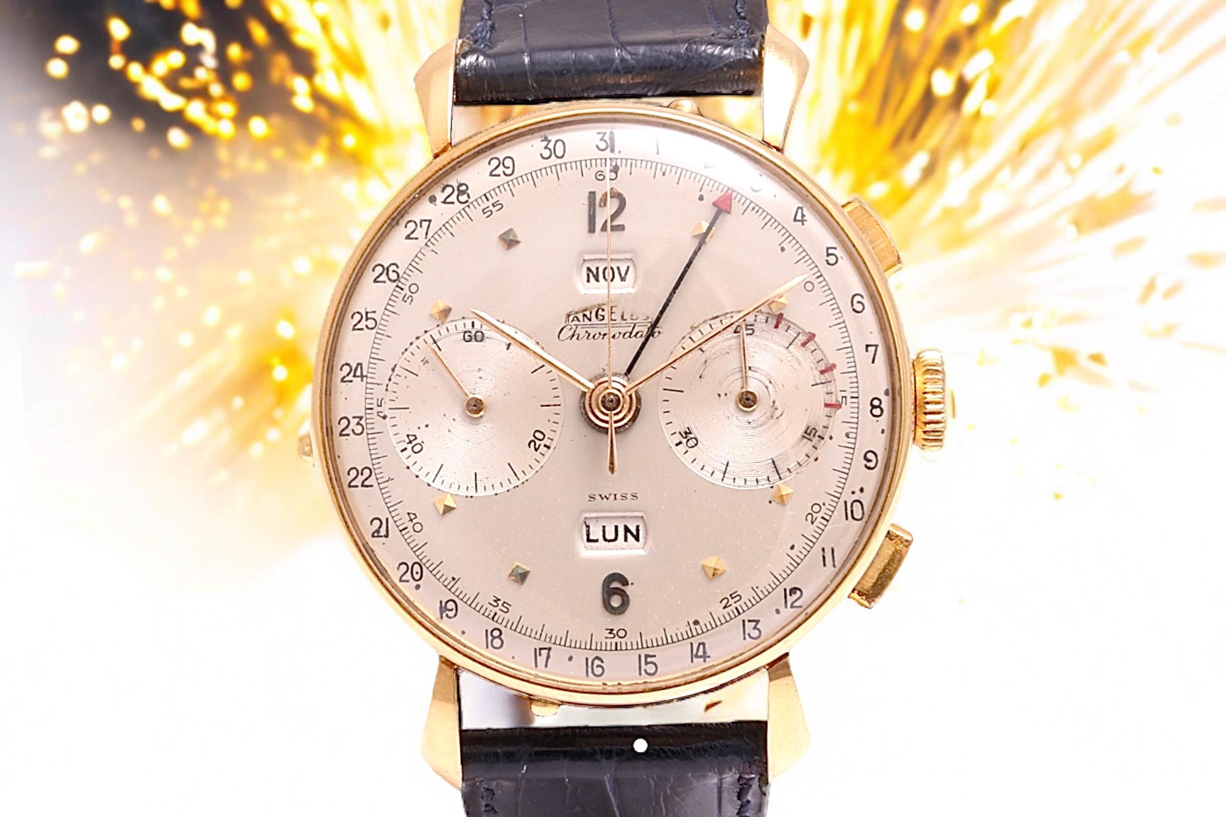 18 Kt Gold Angelus Chronodate Triple Date Jumbo 38mm Chronograph Wrist Watch For Sale 5