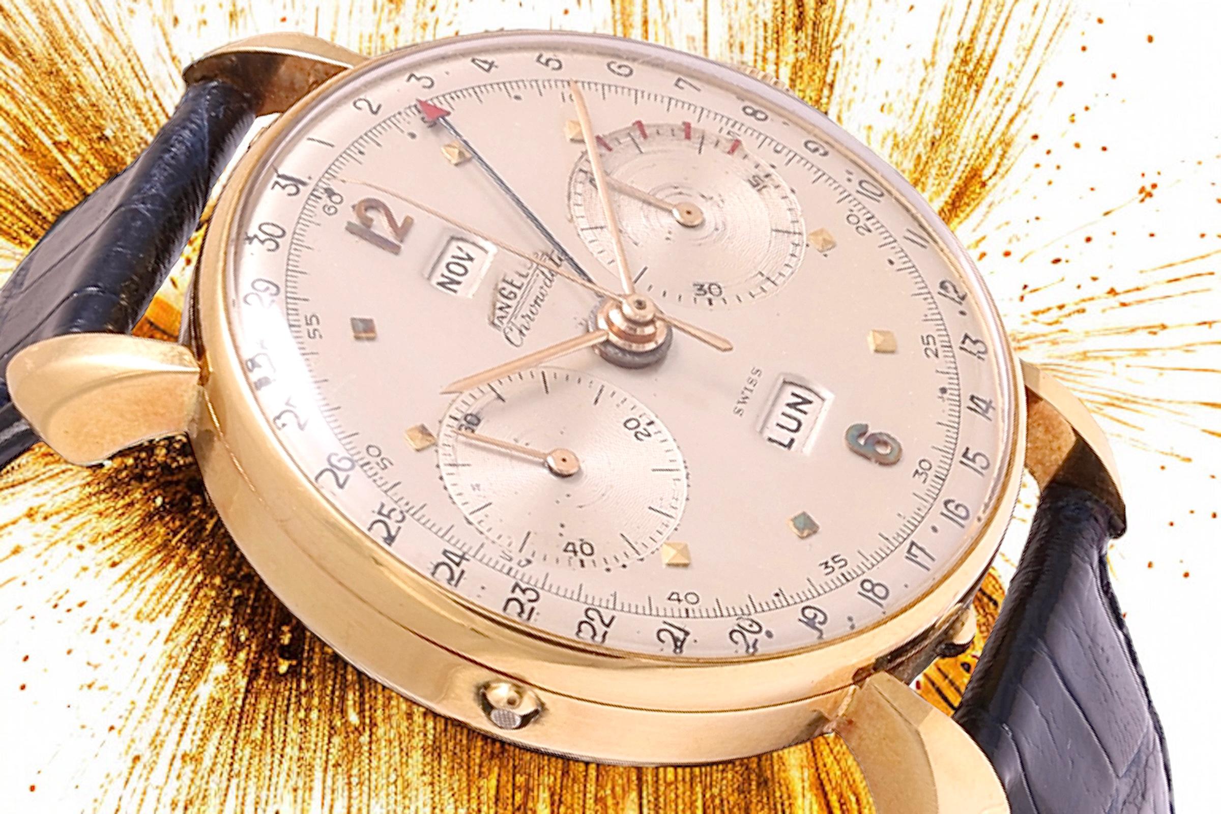 18 Kt Gold Angelus Chronodate Triple Date Jumbo 38mm Chronograph Wrist Watch For Sale 6
